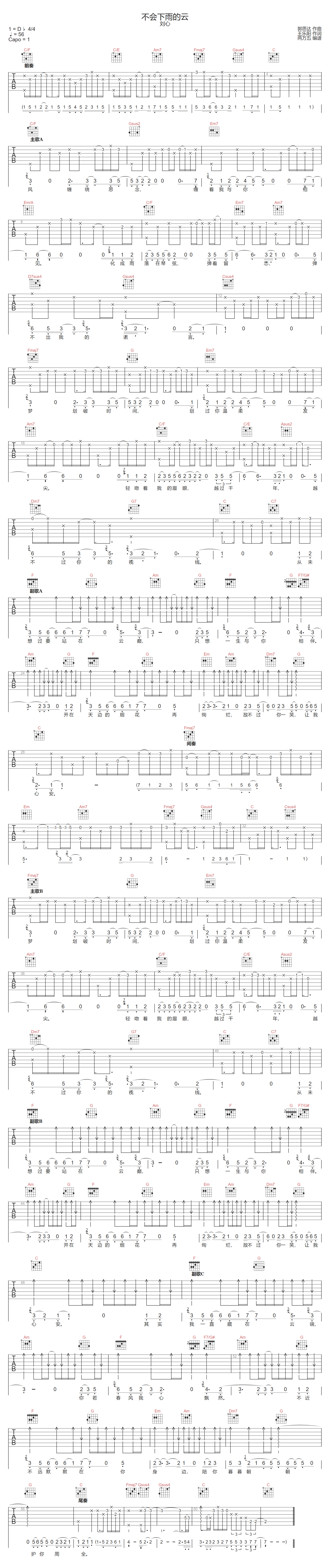 不会下雨的云吉他谱_刘心_C调单音版