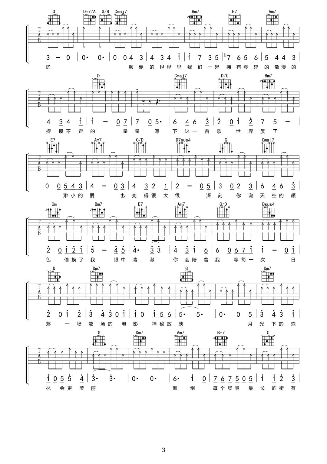 颠倒吉他谱_房东的猫_G调调弦版