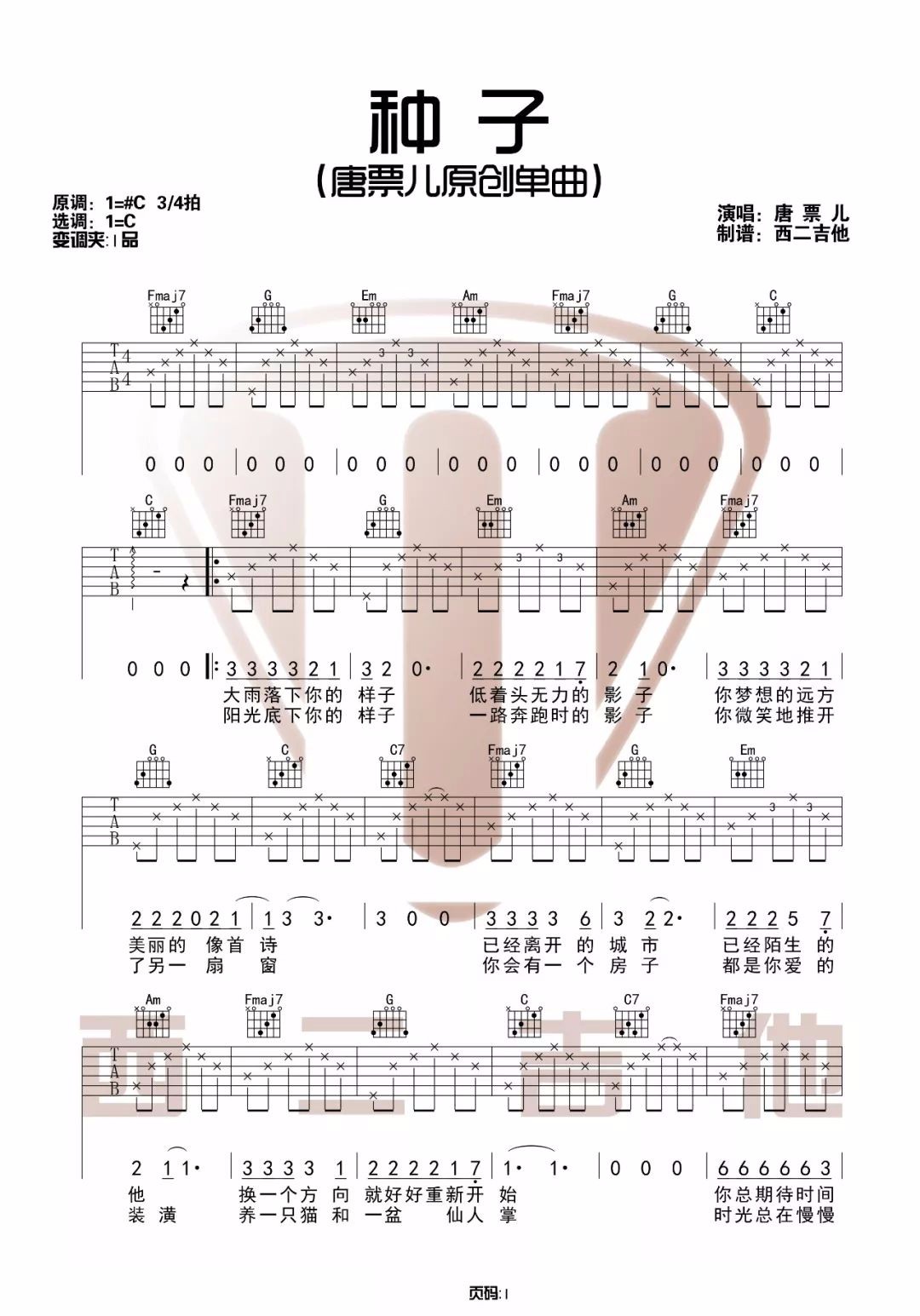 种子吉他谱1-唐票儿