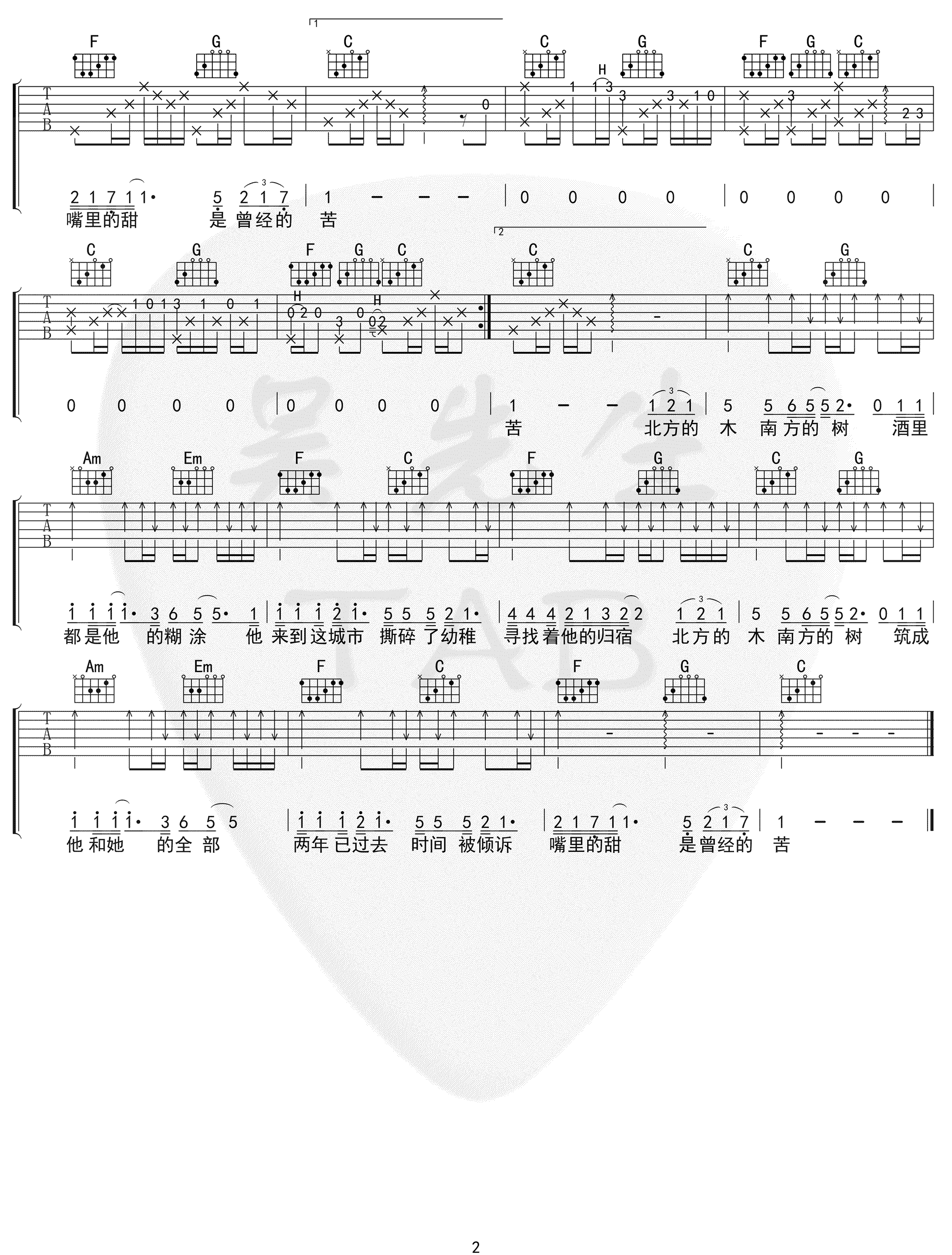 北木南吉他谱_小嘉玲_C调和弦版