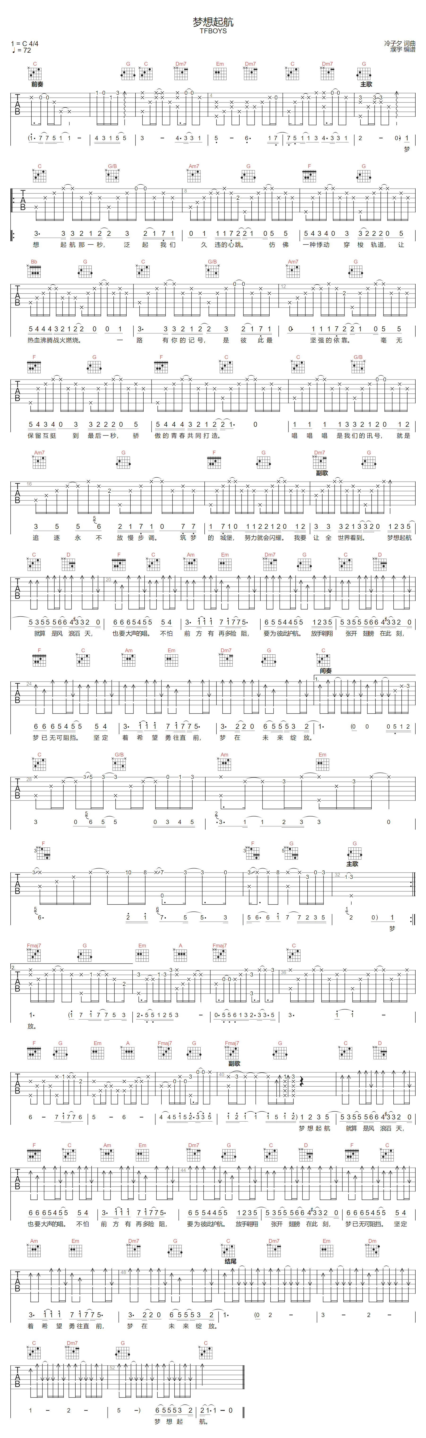 梦想起航吉他谱_TFBOYS_C调扫弦版