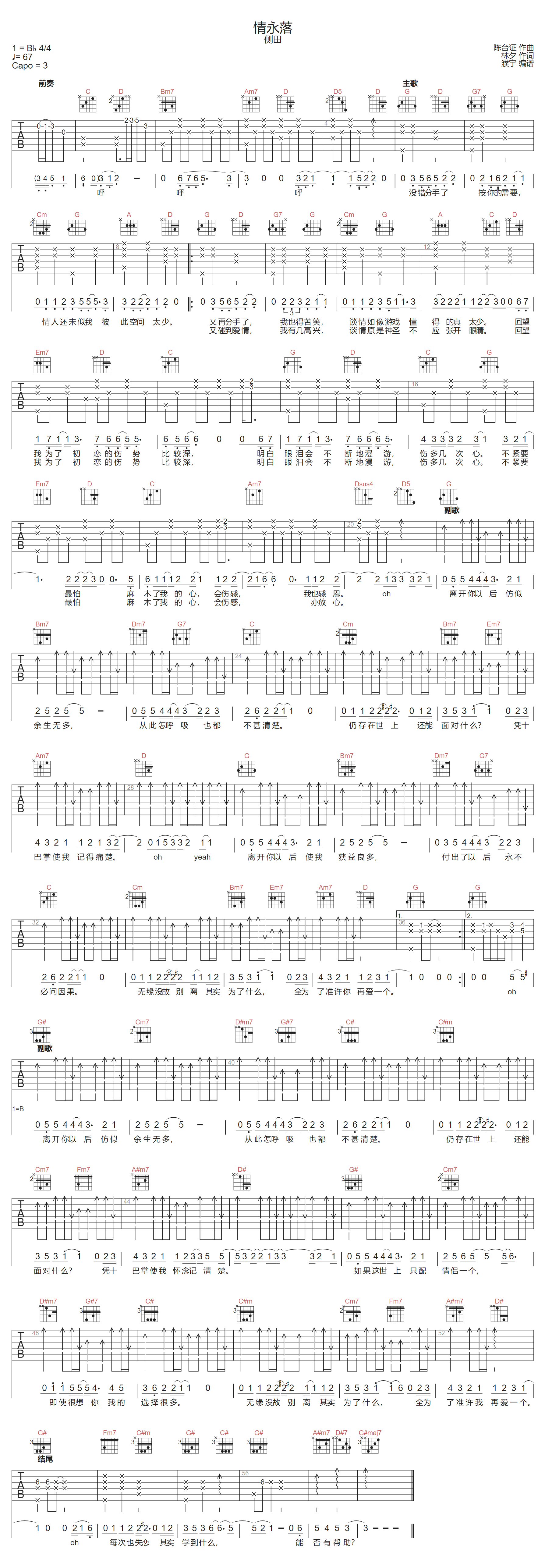 情永落吉他谱-侧田