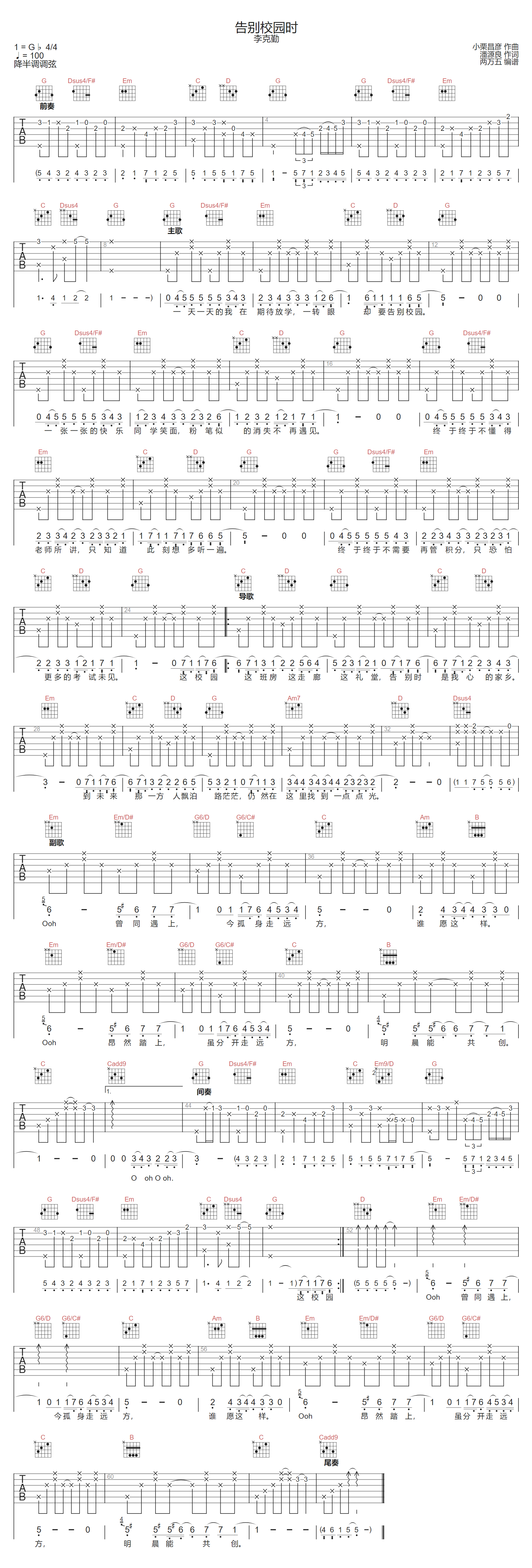 告别校园时吉他谱-李克勤