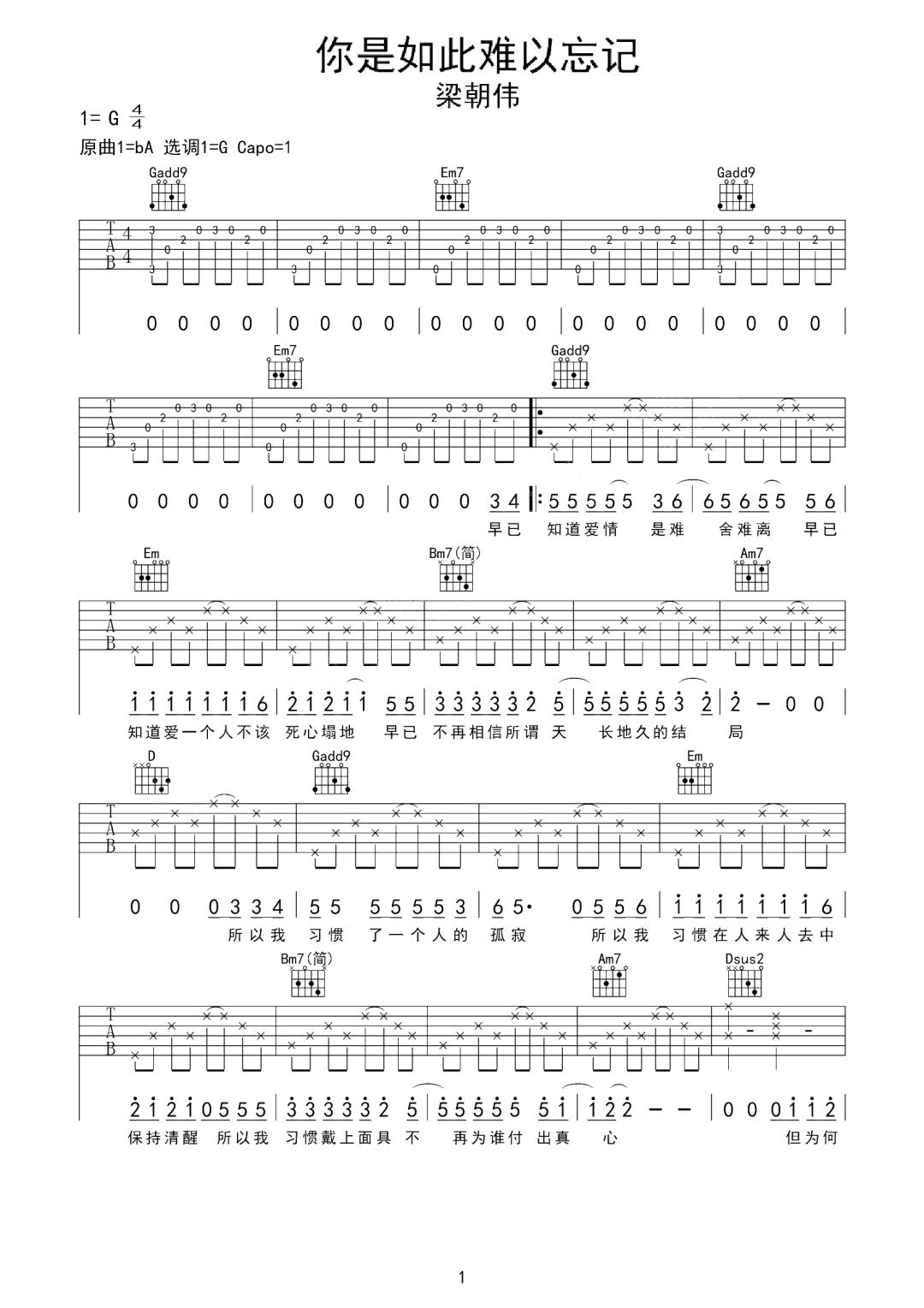 你是如此难以忘记吉他谱1-梁朝伟
