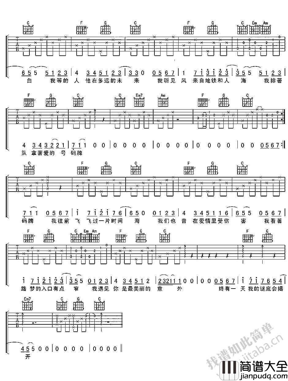 遇见吉他谱_C调简单版_孙燕姿_遇见