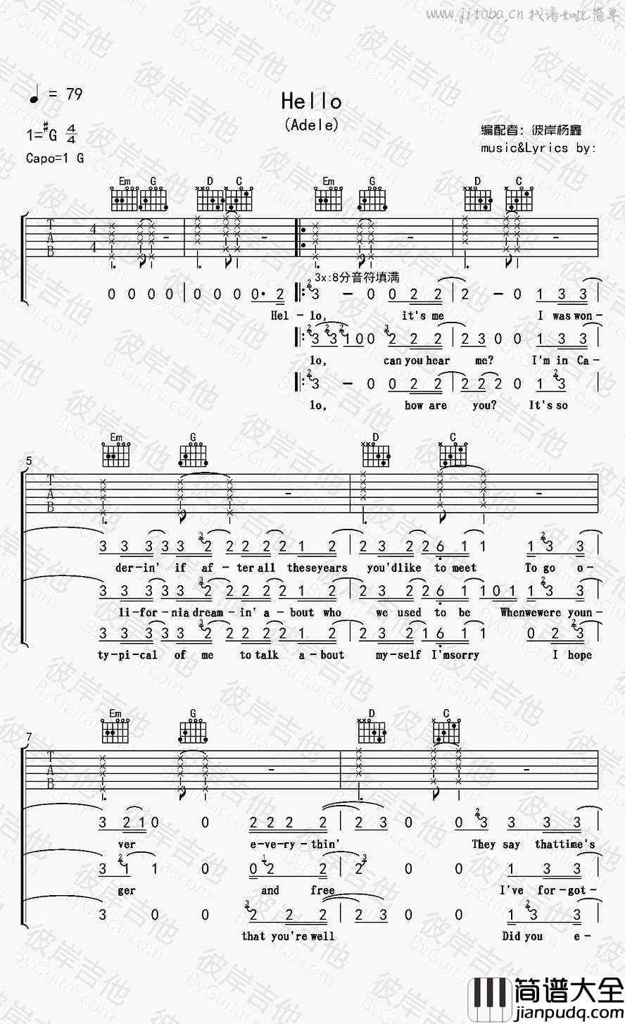 Hello吉他谱_Adele(阿黛尔)Hello吉他弹唱教学视频