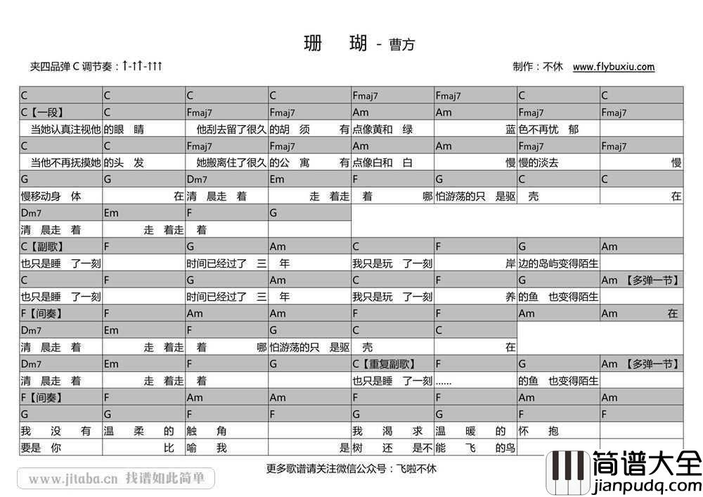 珊瑚吉他谱_C调指法_曹方_珊瑚_吉他