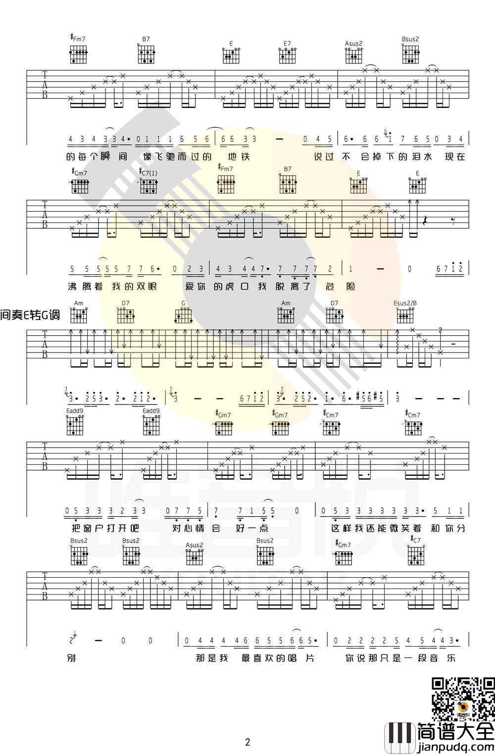 虎口脱险吉他谱_E调完美原版吉他谱_张磊好声音