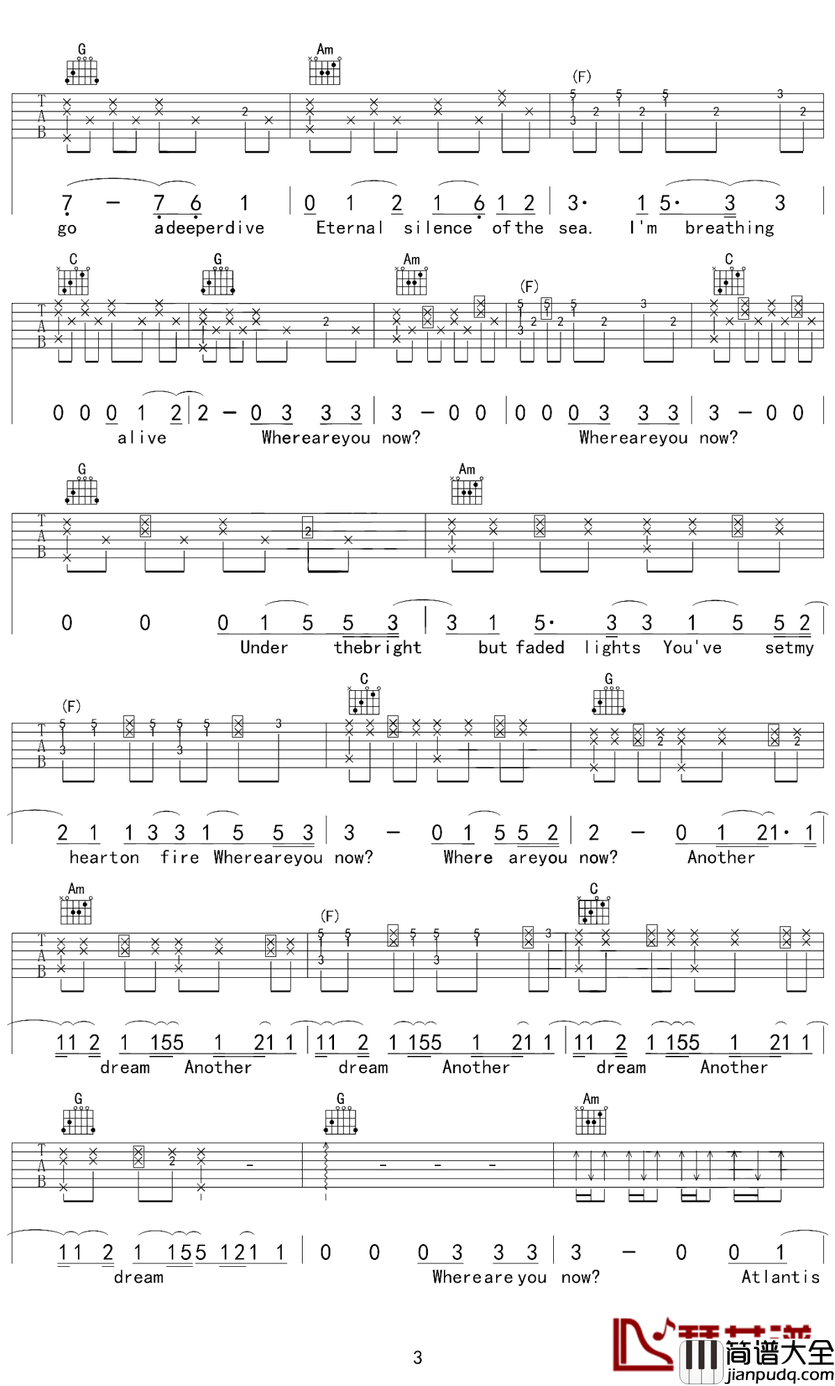 faded吉他谱_Alan_Walker_独自一人去到世界的尽头，寻找迷失的真我