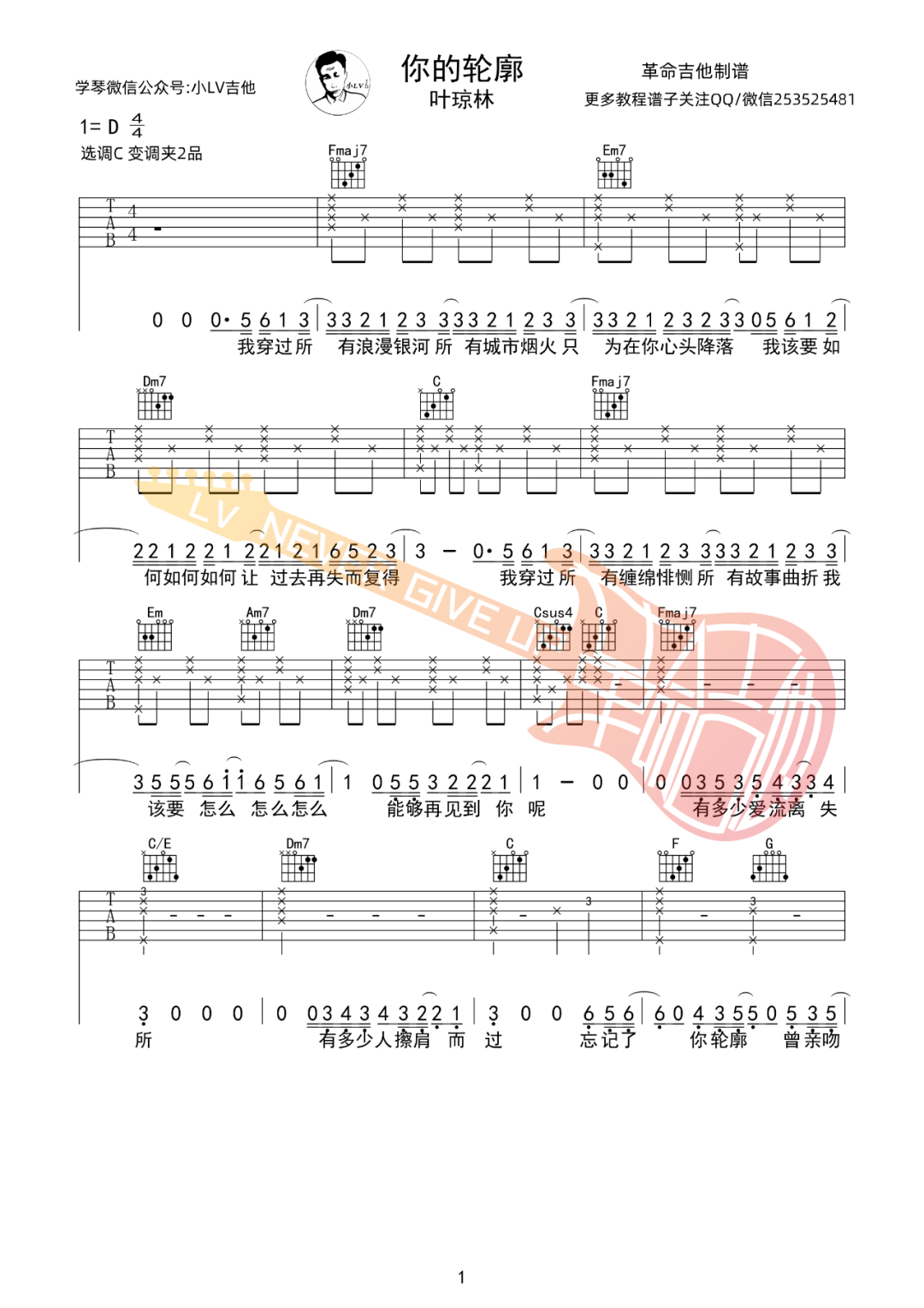 你的轮廓吉他谱_叶琼琳_C调调弦版