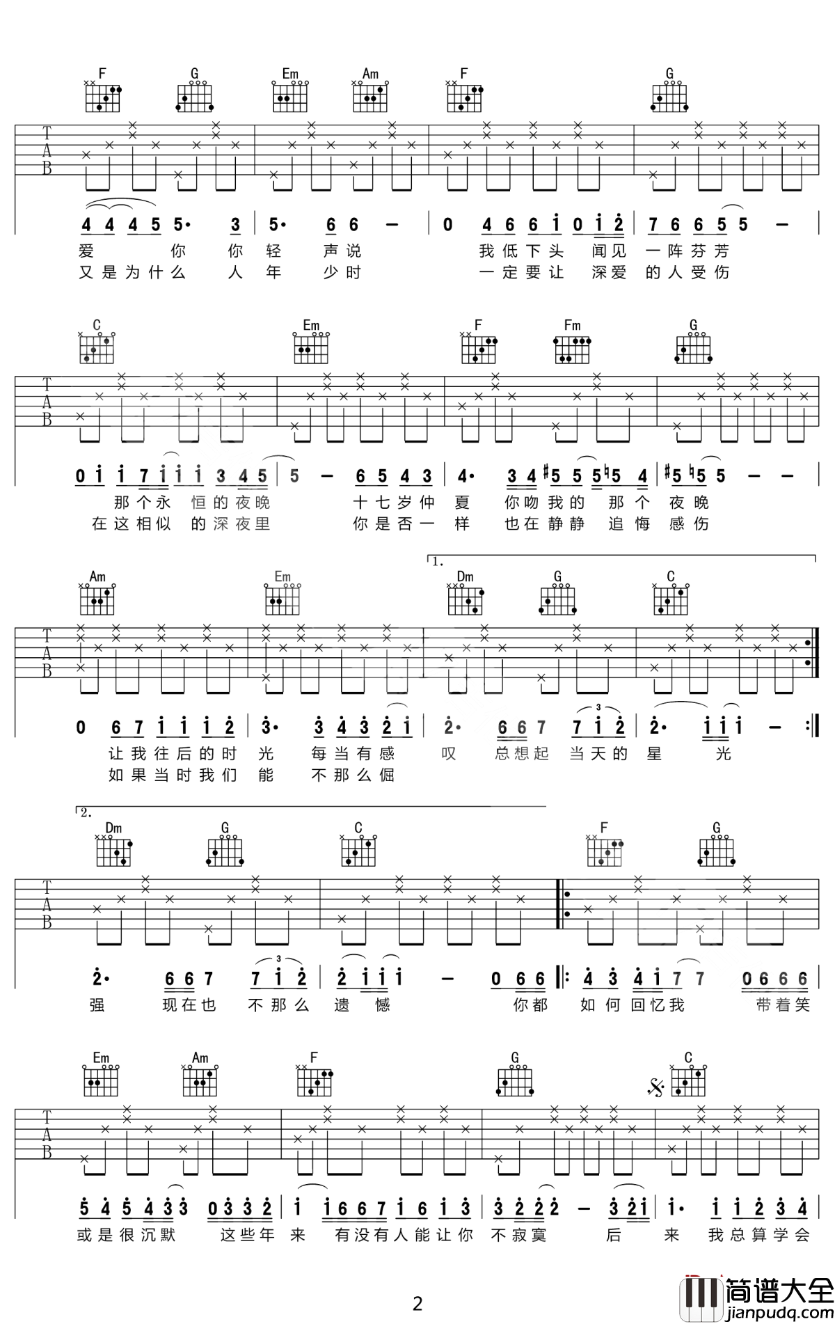 后来吉他谱_刘若英_后来在那时光里有一个男孩,爱着那个女孩