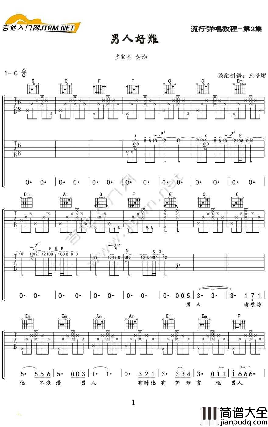男人好难吉他谱_沙宝亮黄渤_弹唱