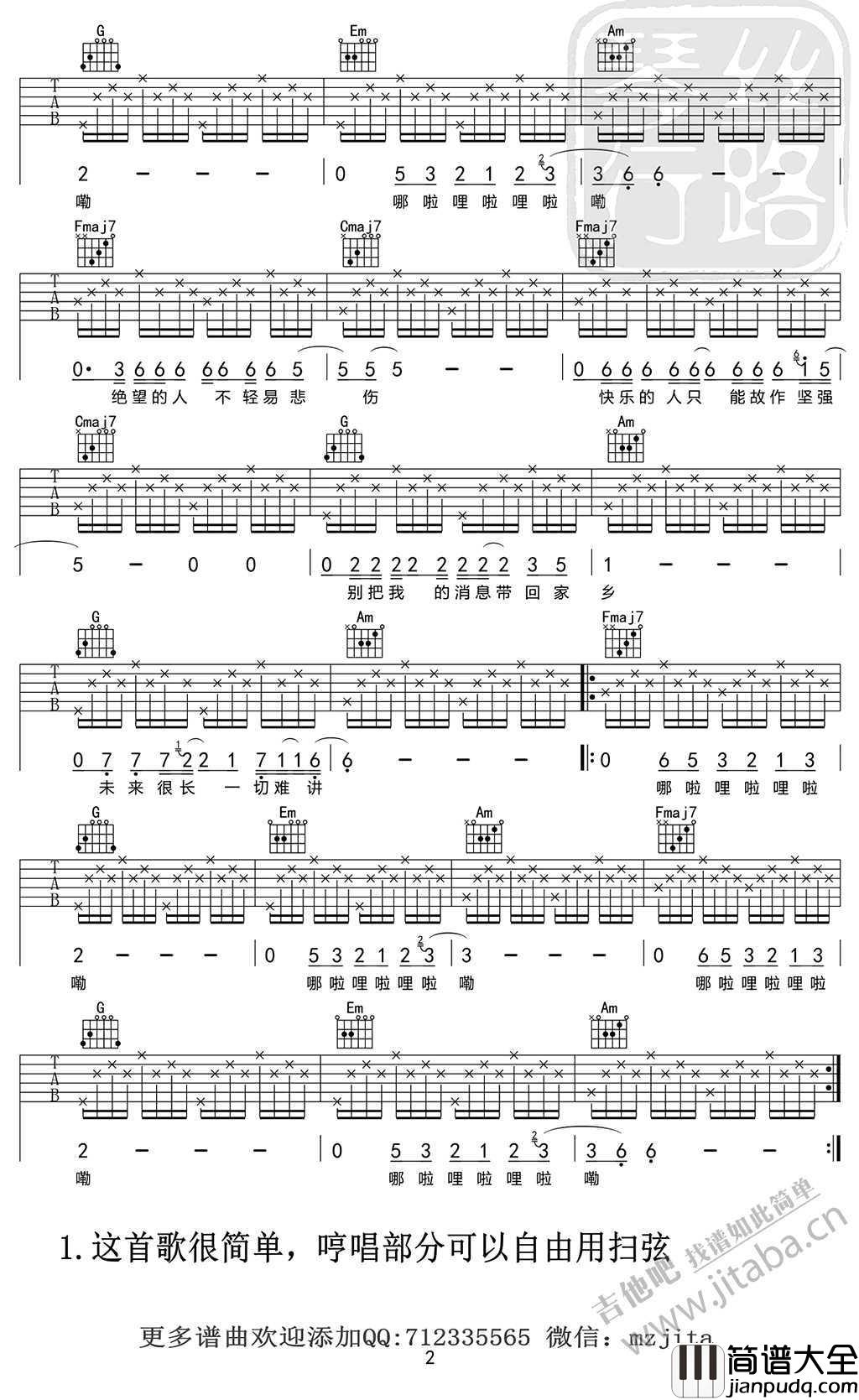 阿拉善吉他谱_C调指法_贰佰_阿拉善_吉他