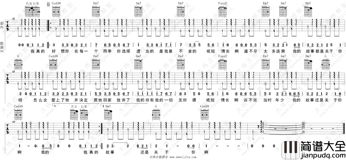 纸短情长吉他谱_C调弹唱谱_大伟吉他版本_吉他演示视频