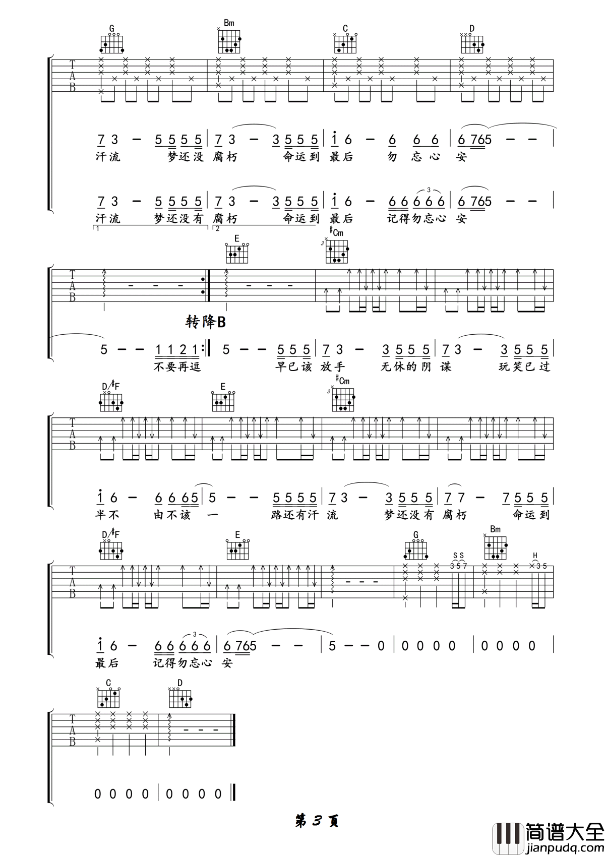 勿忘心安吉他谱_张杰_早已该放手_这无休的阴谋