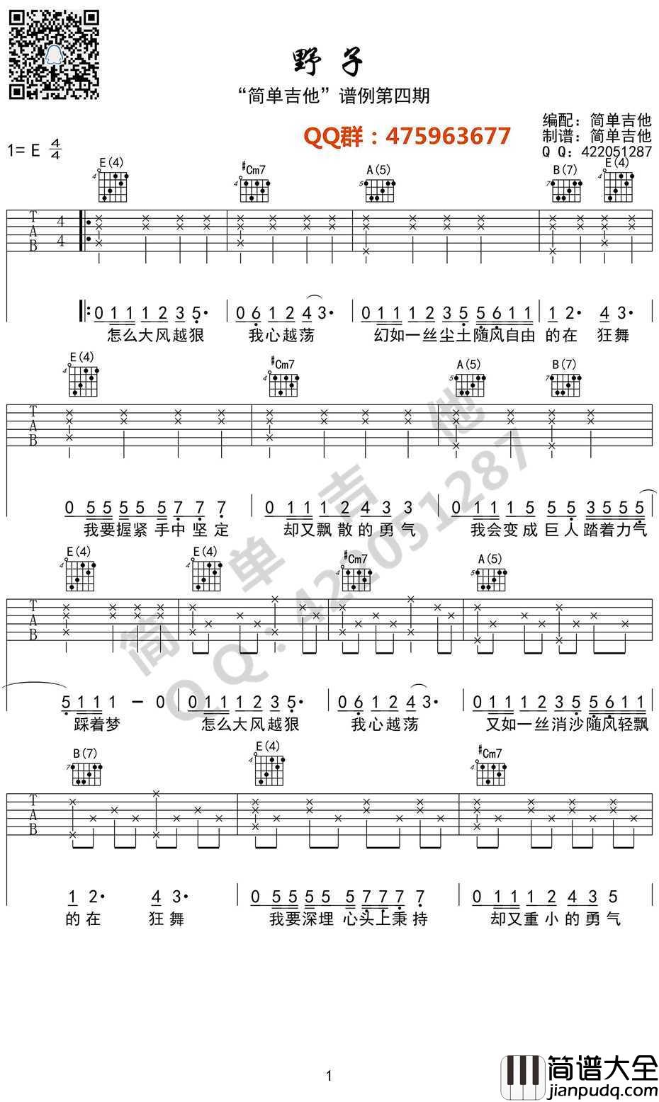 野子吉他谱_沙宝亮_野子_吉他