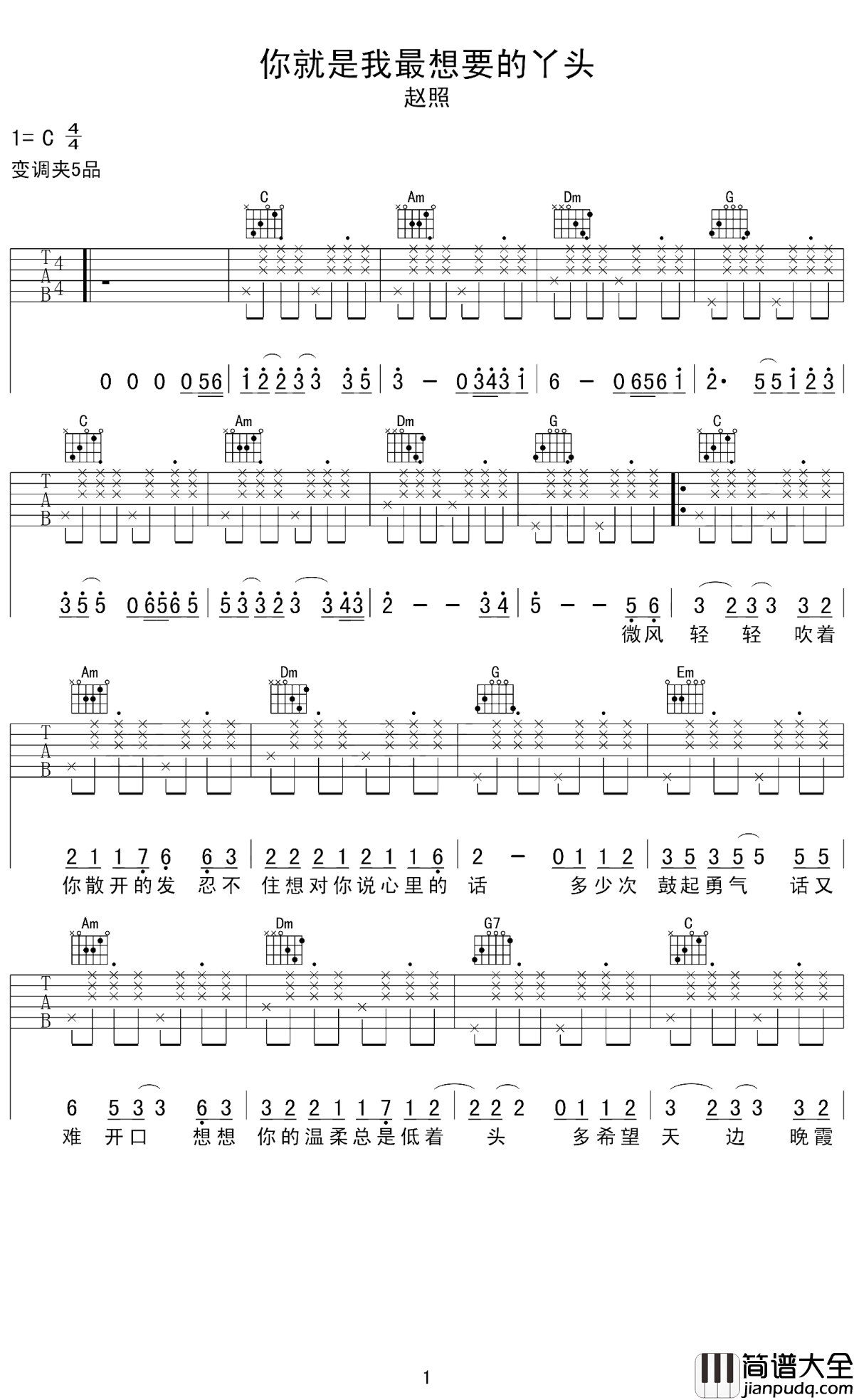 你就是我最想要的丫头吉他谱_赵照_对爱人最真诚的爱，最真挚的告白