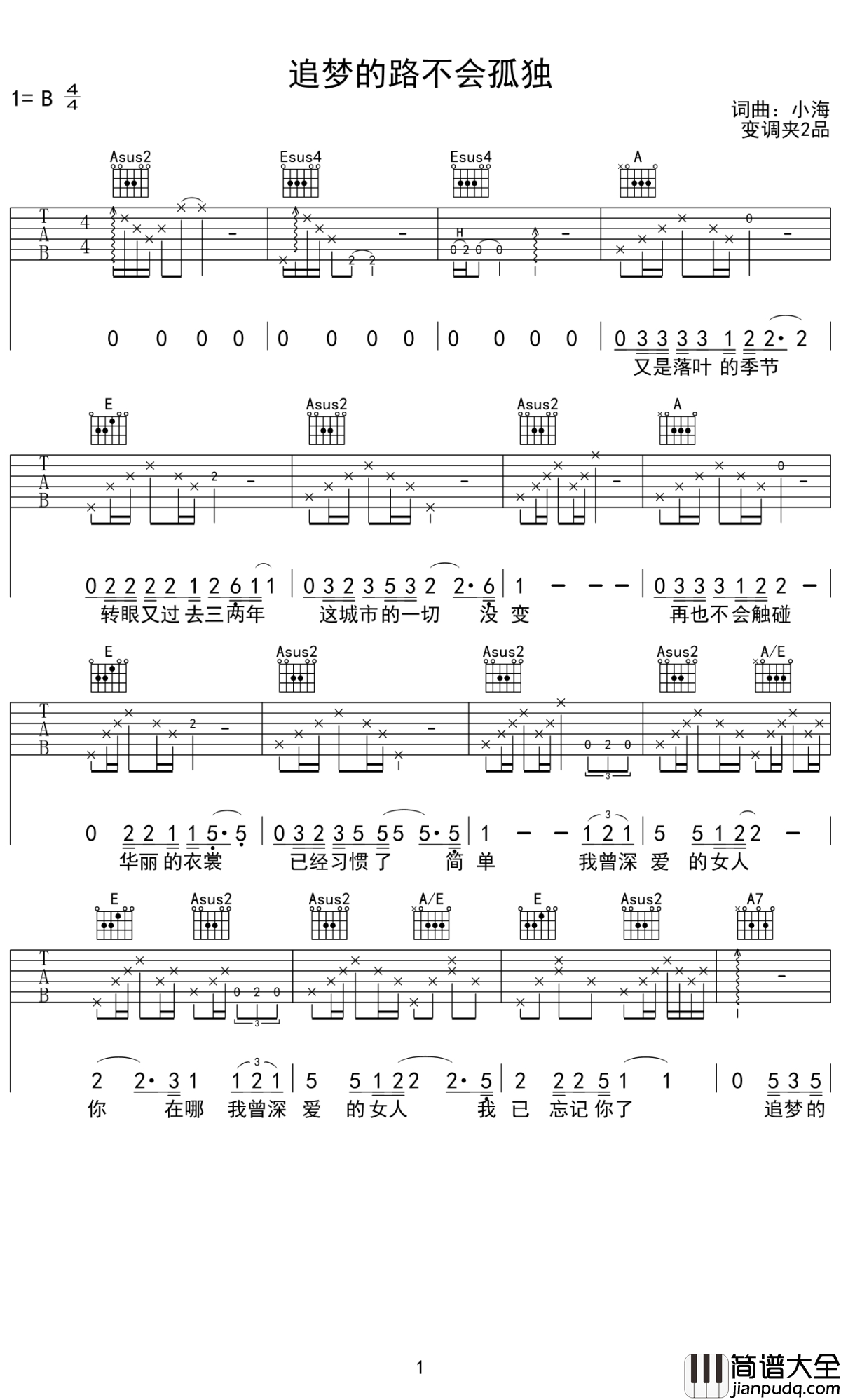 追梦的路不会孤独吉他谱_小海_追梦的人啊,路途再远,也不会孤独