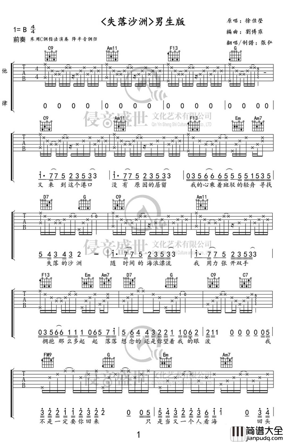 失落沙洲吉他谱_C调男生版_徐佳莹_失落沙洲