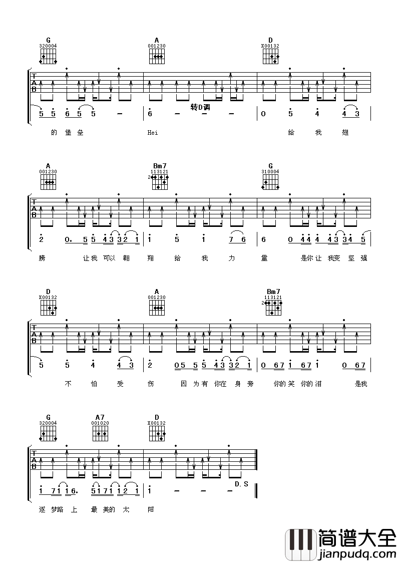 最美的太阳吉他谱_张杰_总会有一个人像一束光，照亮我们前行的方向