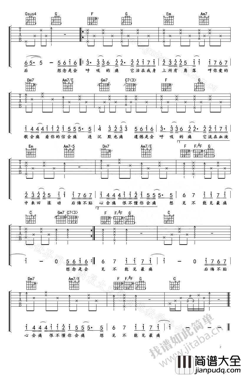 会呼吸的痛吉他谱_C调简单版__梁静茹