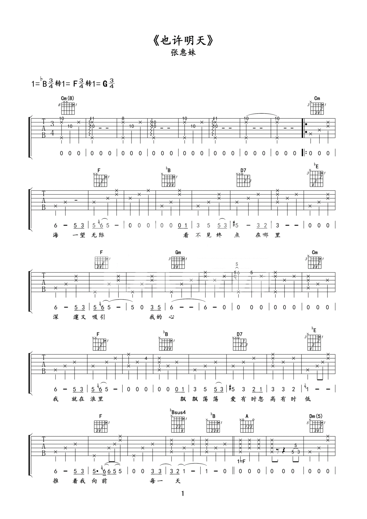 也许明天吉他谱_张惠妹_海一望无际,看不到终点在那里