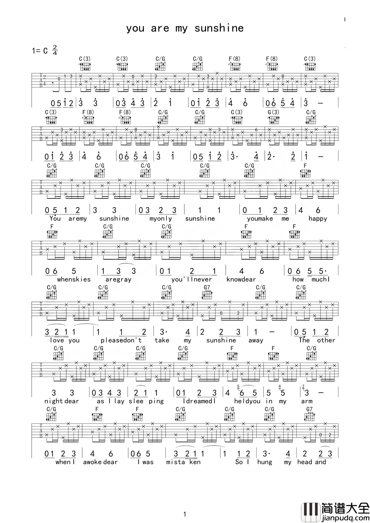 You_are_my_sunshine吉他谱_Elizabeth_Mitchell_你是我的阳光，我唯一的阳光