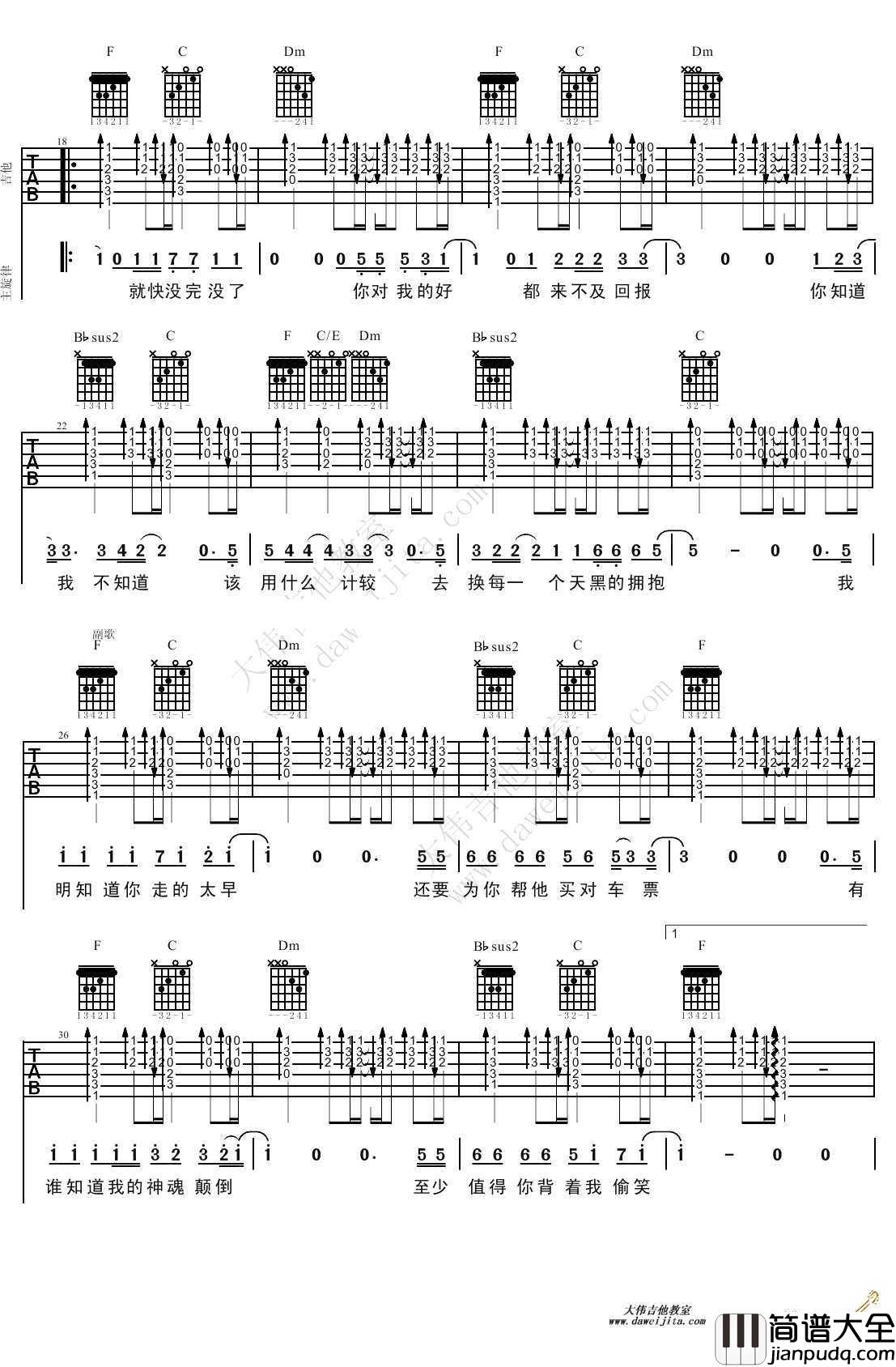 太早吉他谱_F调指法_刘允乐_太早_吉他弹唱教学