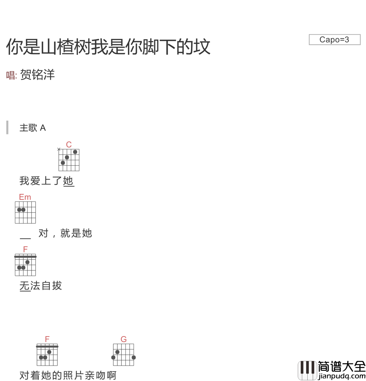 你是山楂树我是你脚下的坟吉他谱_贺铭洋_山楂果落了,酸了坟里的魂