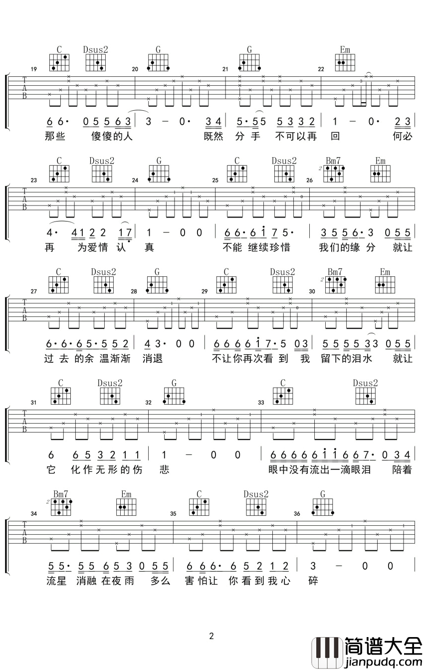 眼泪吉他谱_纣王老胡_眼泪会流进心里的