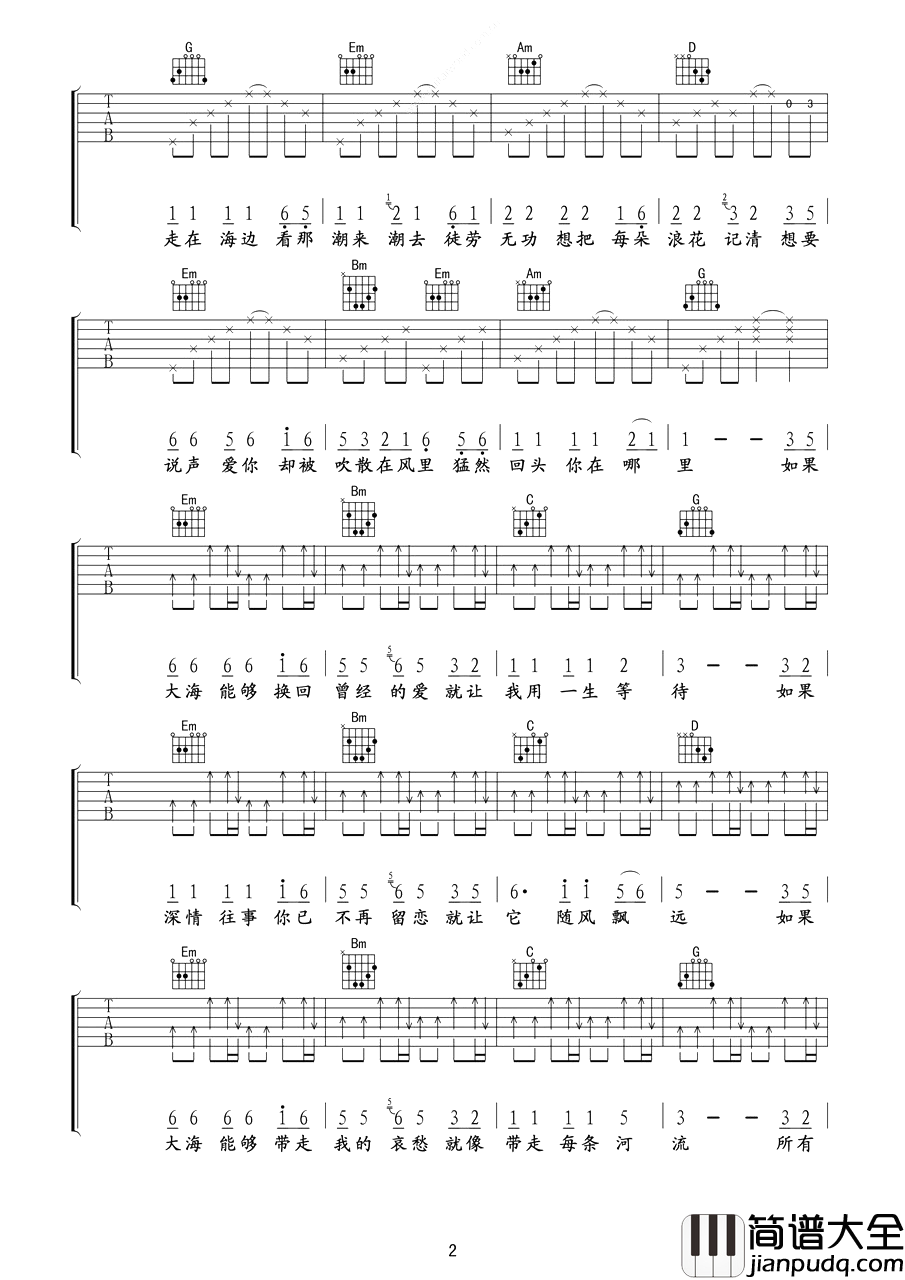大海吉他谱_张雨生_从那遥远海边，慢慢消失的你