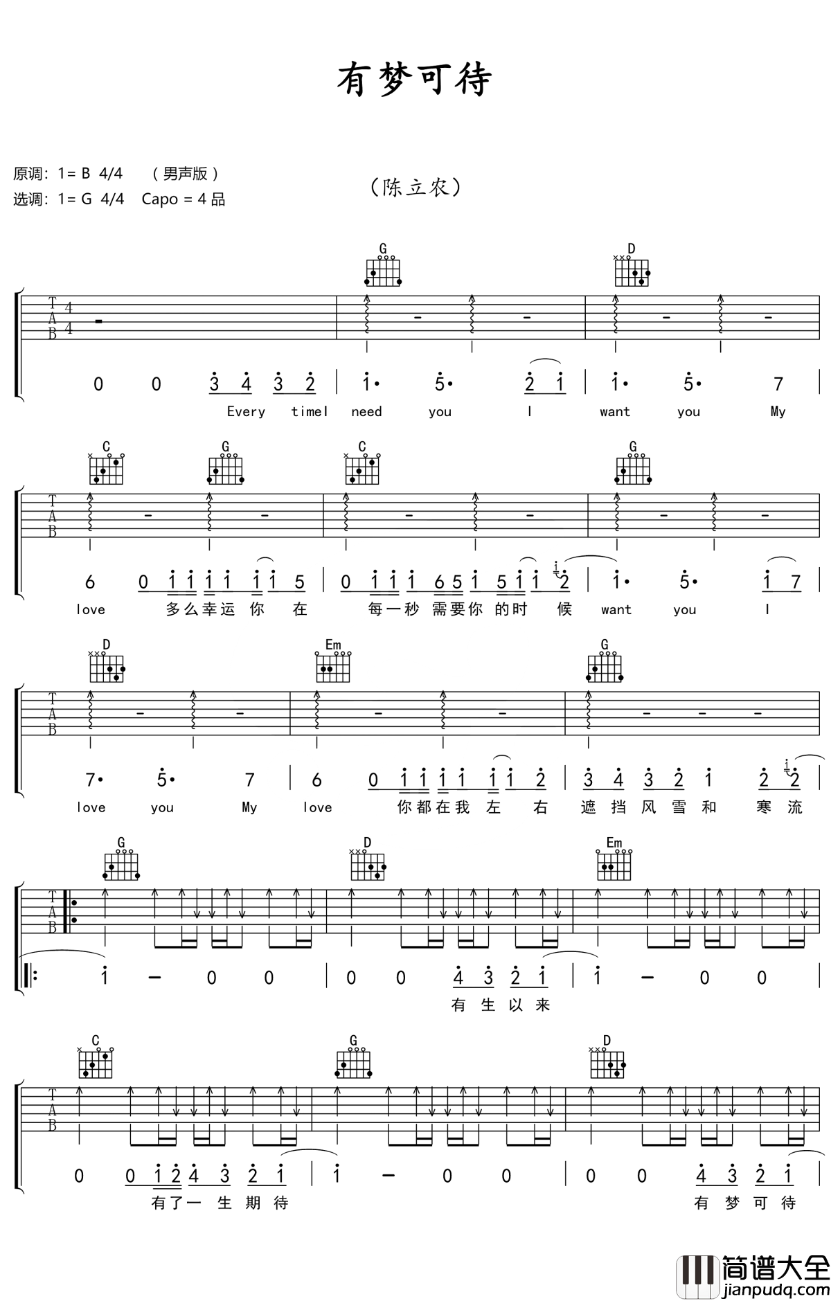 有梦可待吉他谱_陈立农_电视剧_幕后之王_片头曲