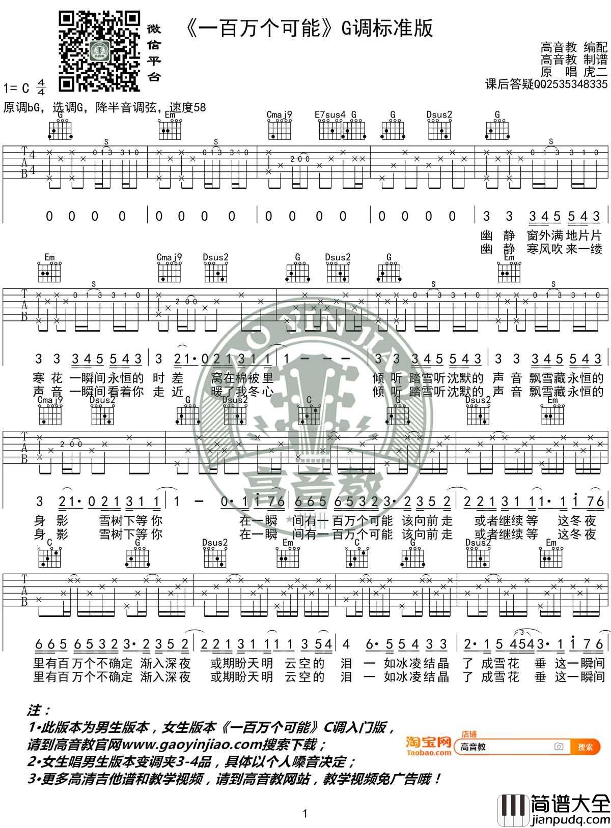 一百万个可能吉他谱_G调标准高清版_克丽丝汀_高音教编配