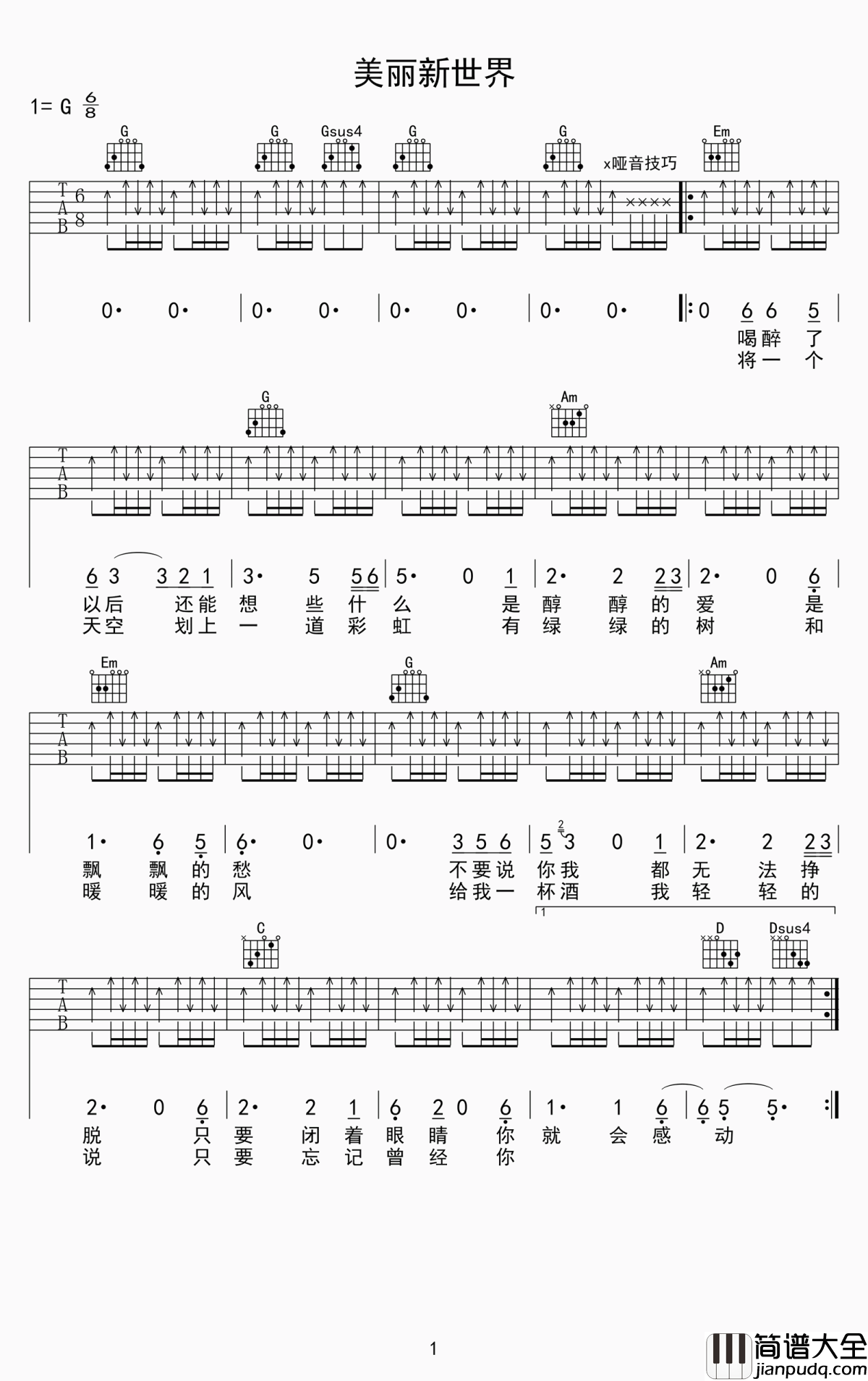 美丽新世界吉他谱_伍佰_海浪它总是一波波不要停歇不回头