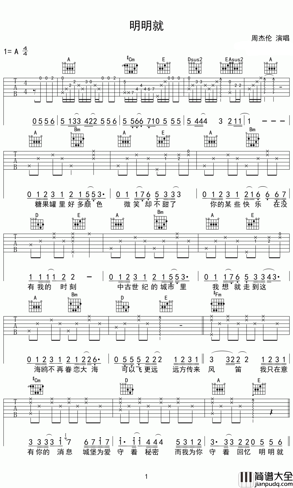 明明就吉他谱_周杰伦_明明就喜欢你，但是我会自动变朋友