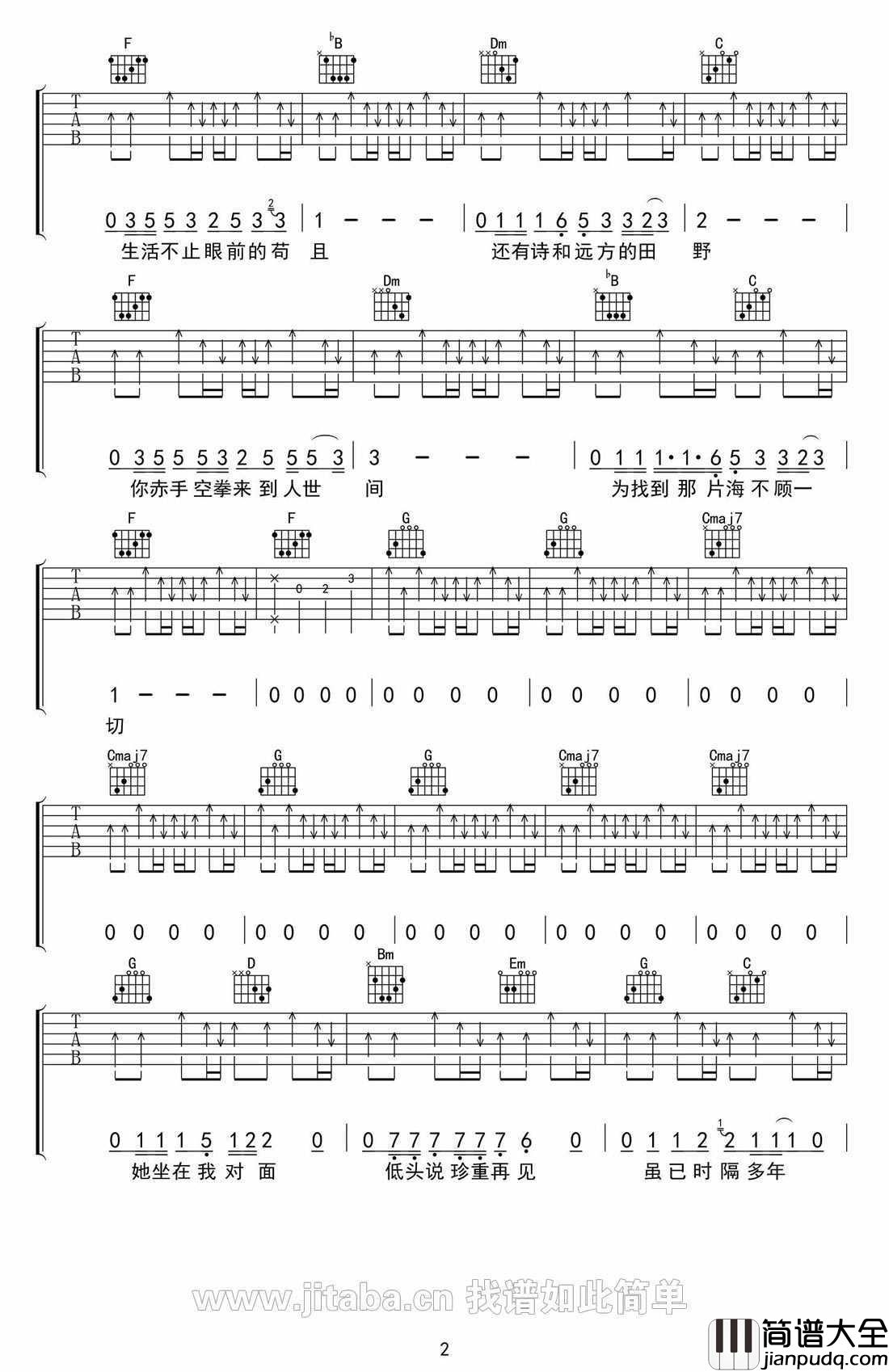生活不止眼前的苟且吉他谱_原版完美六线谱_许巍