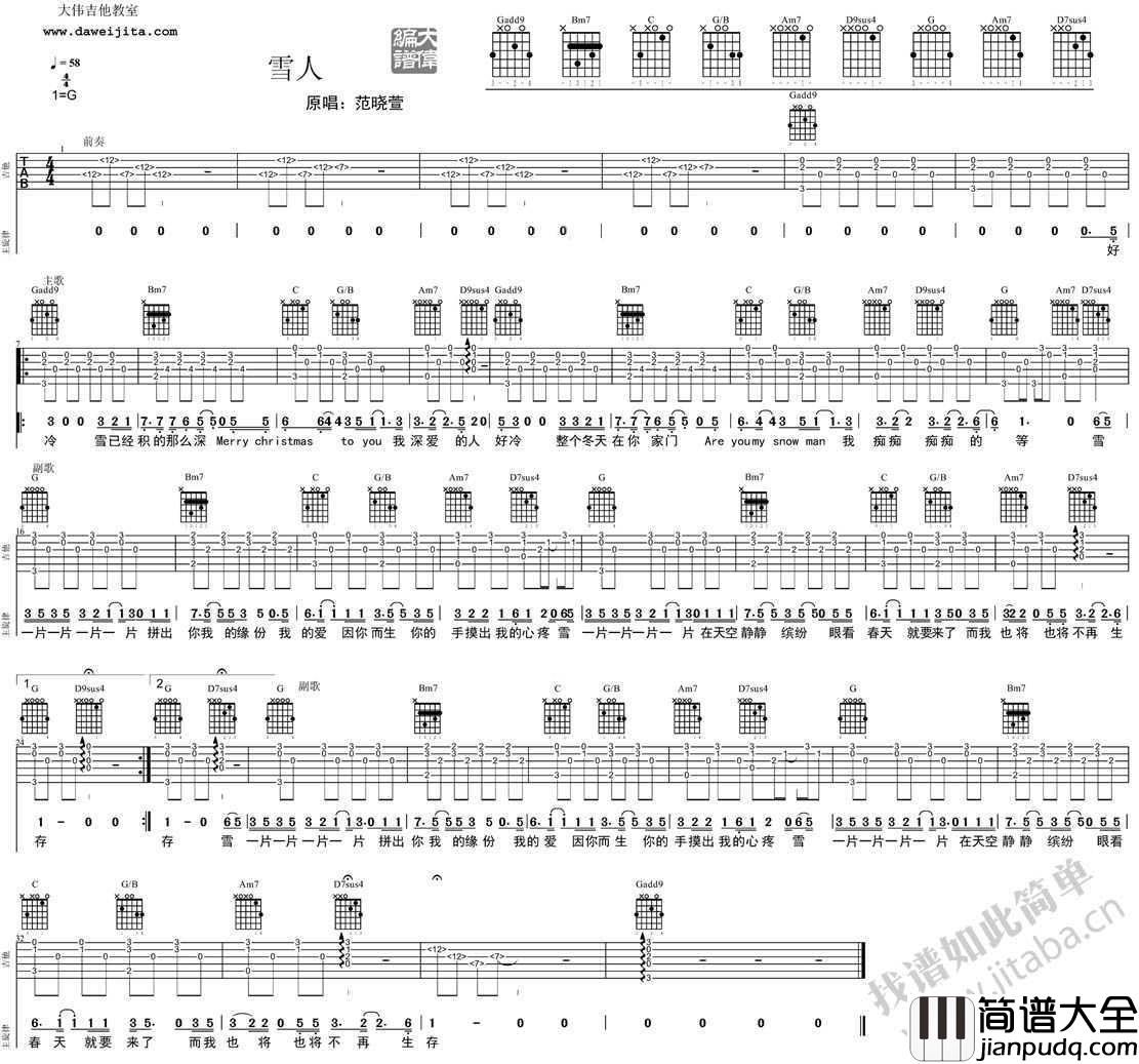 雪人吉他谱男生版_范晓萱_雪人G调吉他谱