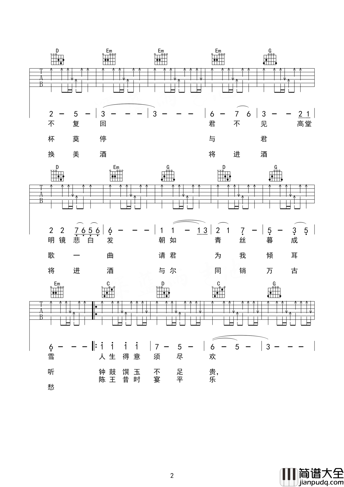 将进酒吉他谱_陈涌海_呼儿将出换美酒__与尔同销万古愁