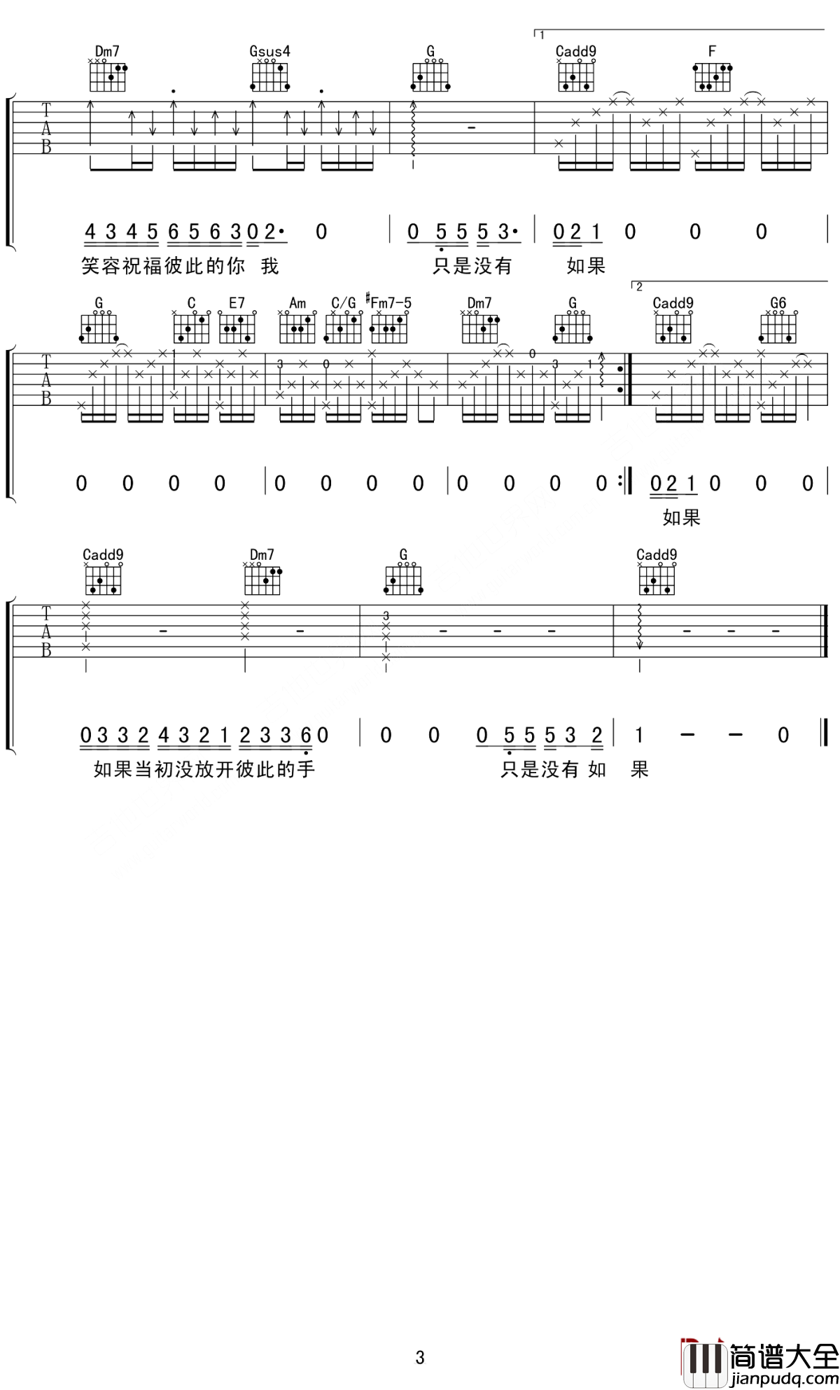 只是没有如果吉他谱_张靓颖/王铮亮_只是没有如果，没眼泪换时光的蹉跎