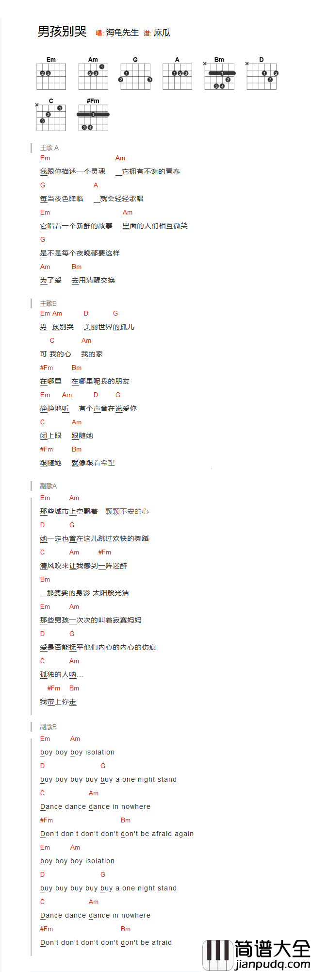 男孩别哭吉他谱_海龟先生_我跟你描述一个灵魂