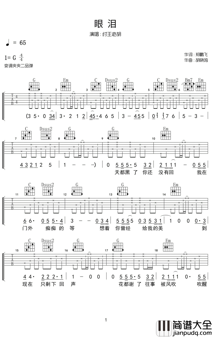 眼泪吉他谱_纣王老胡_眼泪会流进心里的