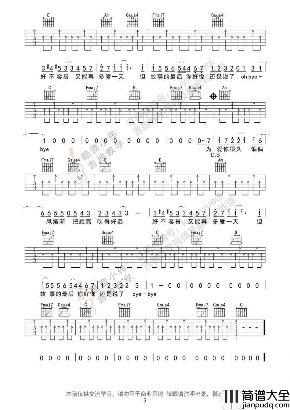 晴天吉他谱_C调简单版_周杰伦_吉他初级