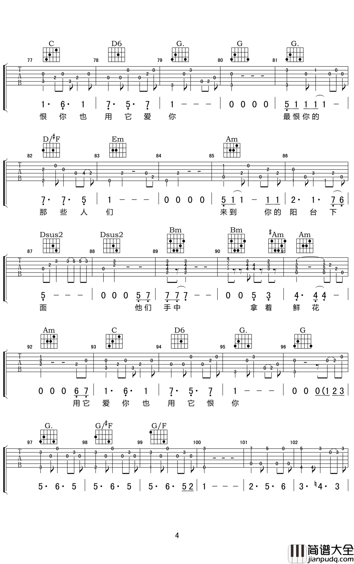 白银饭店吉他谱_张玮玮_图片谱完整版