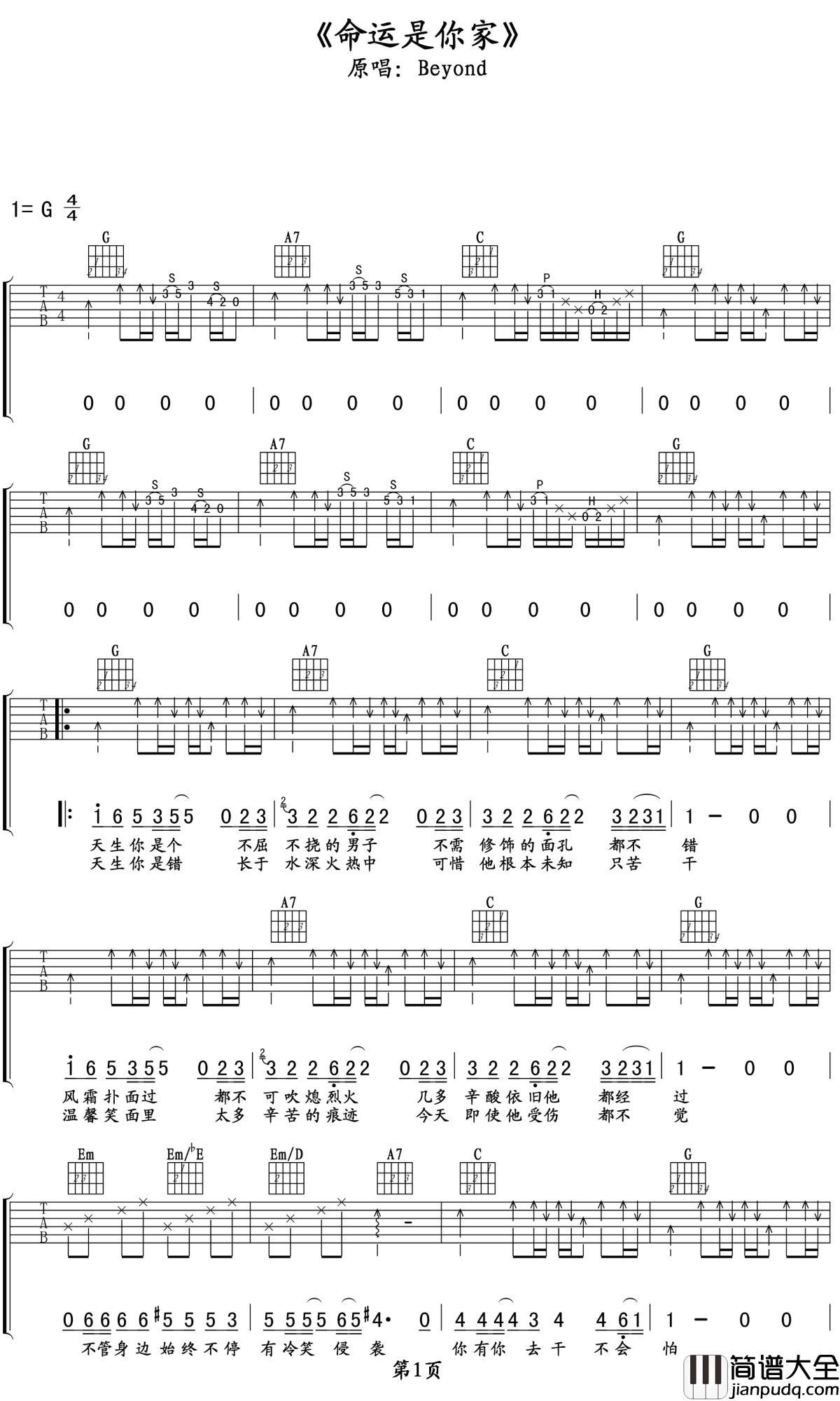 命运是你家吉他谱_beyond_勇敢的和命运斗争吧