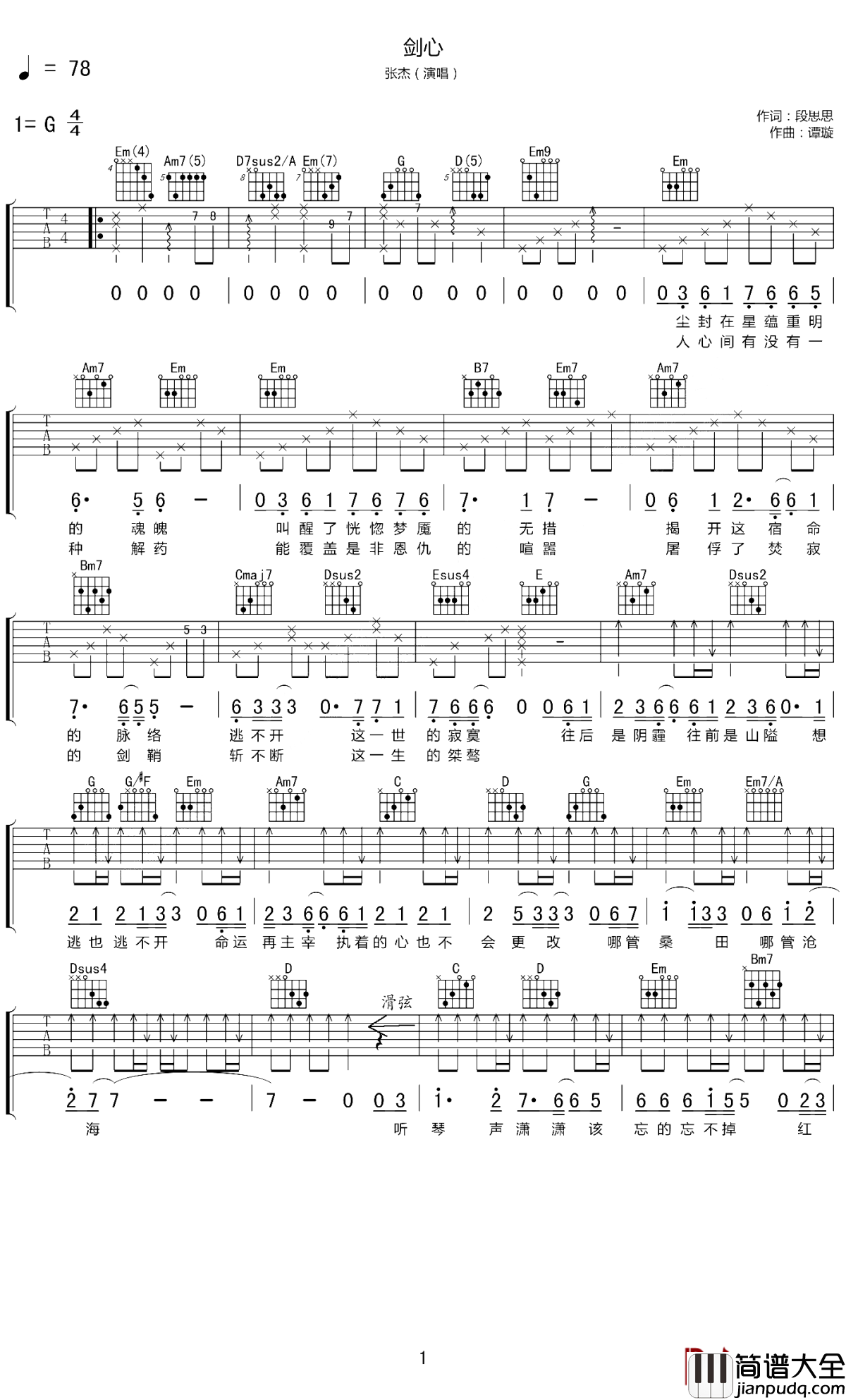 剑心吉他谱_张杰_2014年的夏天，孤剑，指尖，谈笑