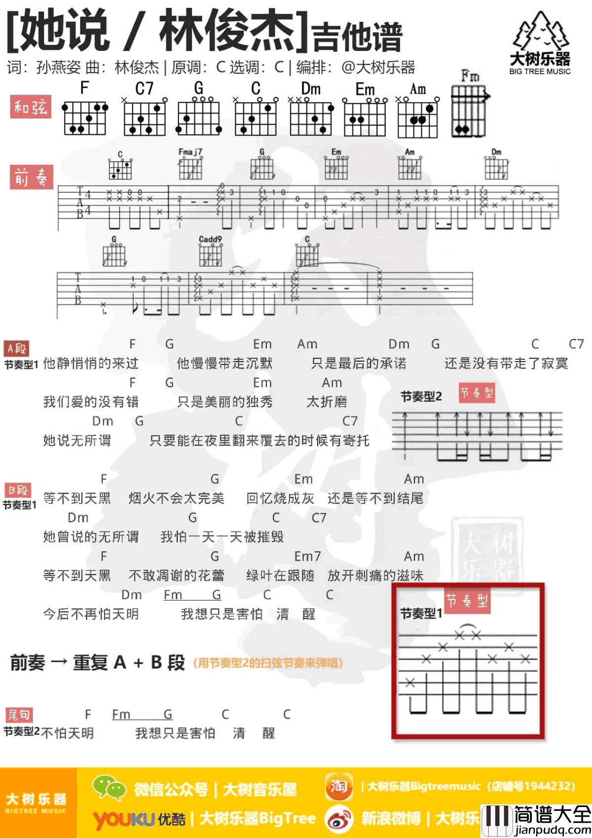 她说吉他谱_林俊杰_C调弹唱谱_吉他演示+教学视频