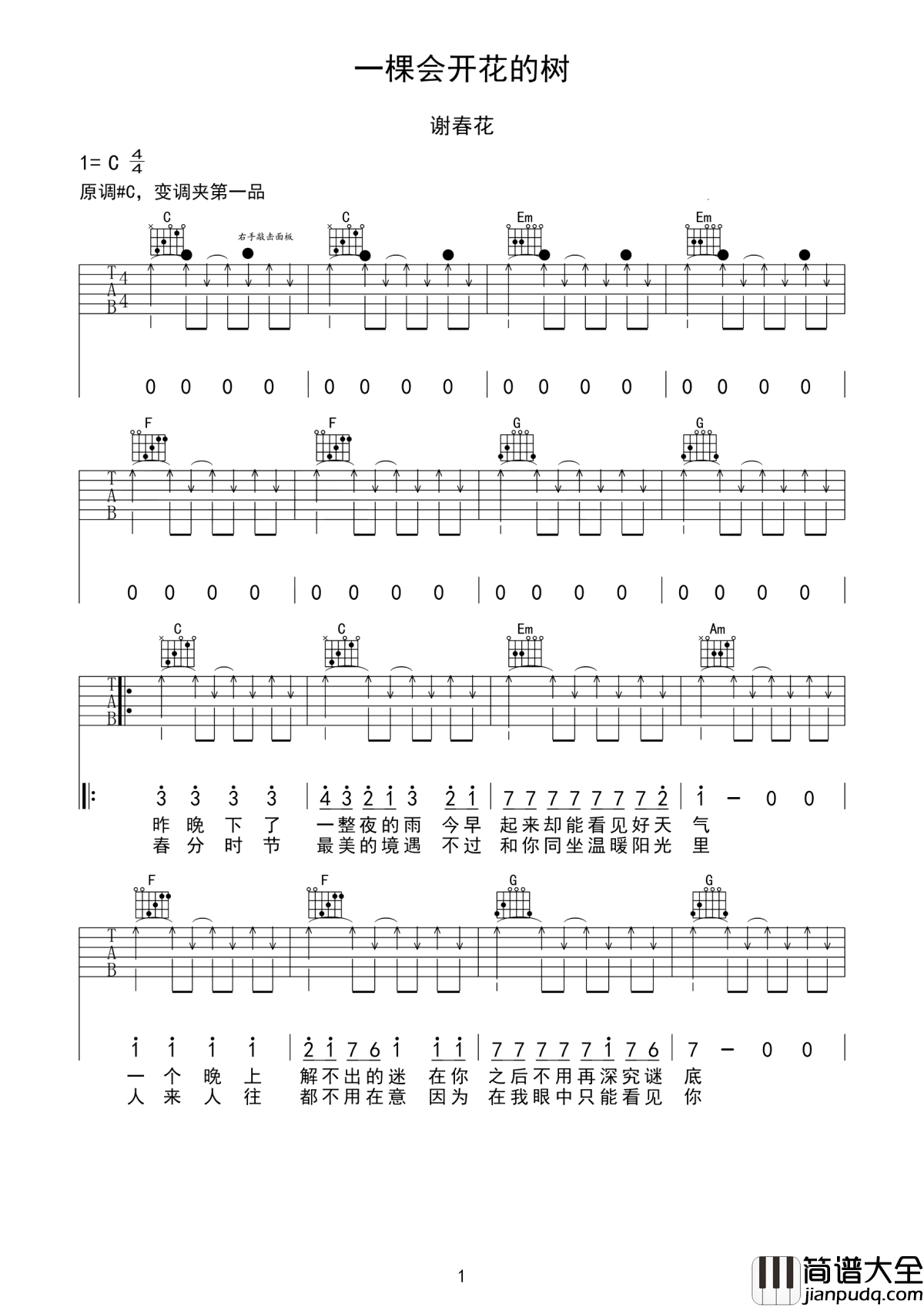 一棵会开花的树吉他谱_谢春花_因为在我眼中只能看见你