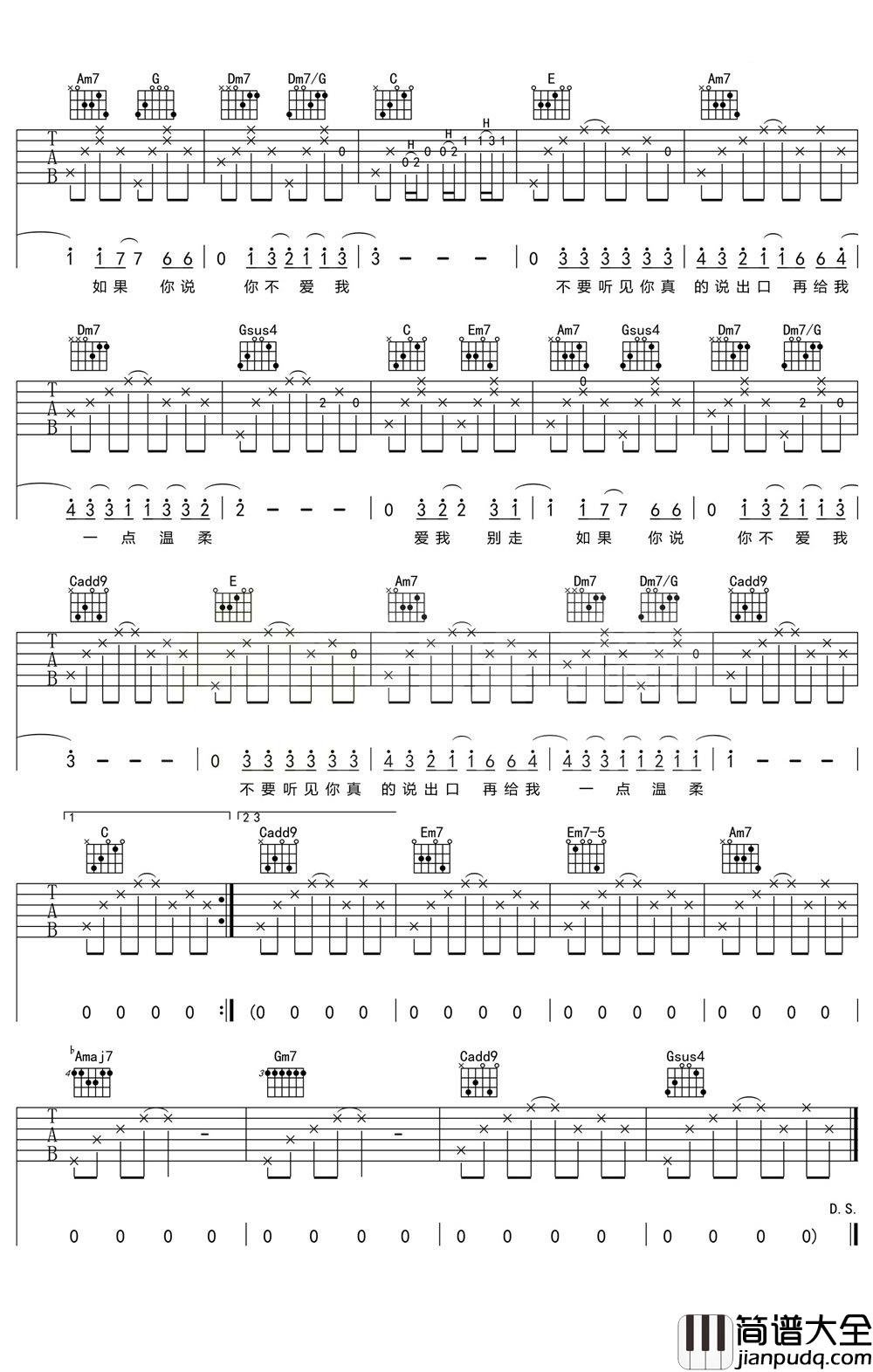 爱我别走吉他谱_张震岳_如果你说_你不爱我