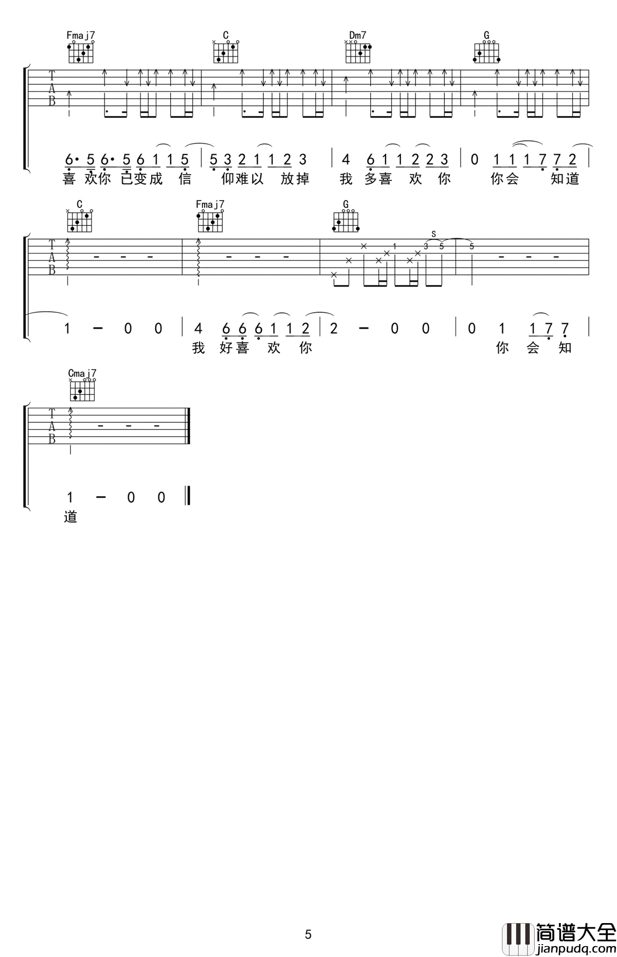 我多喜欢你你会知道吉他谱_王俊琪_喜欢你已变成习惯难以戒掉