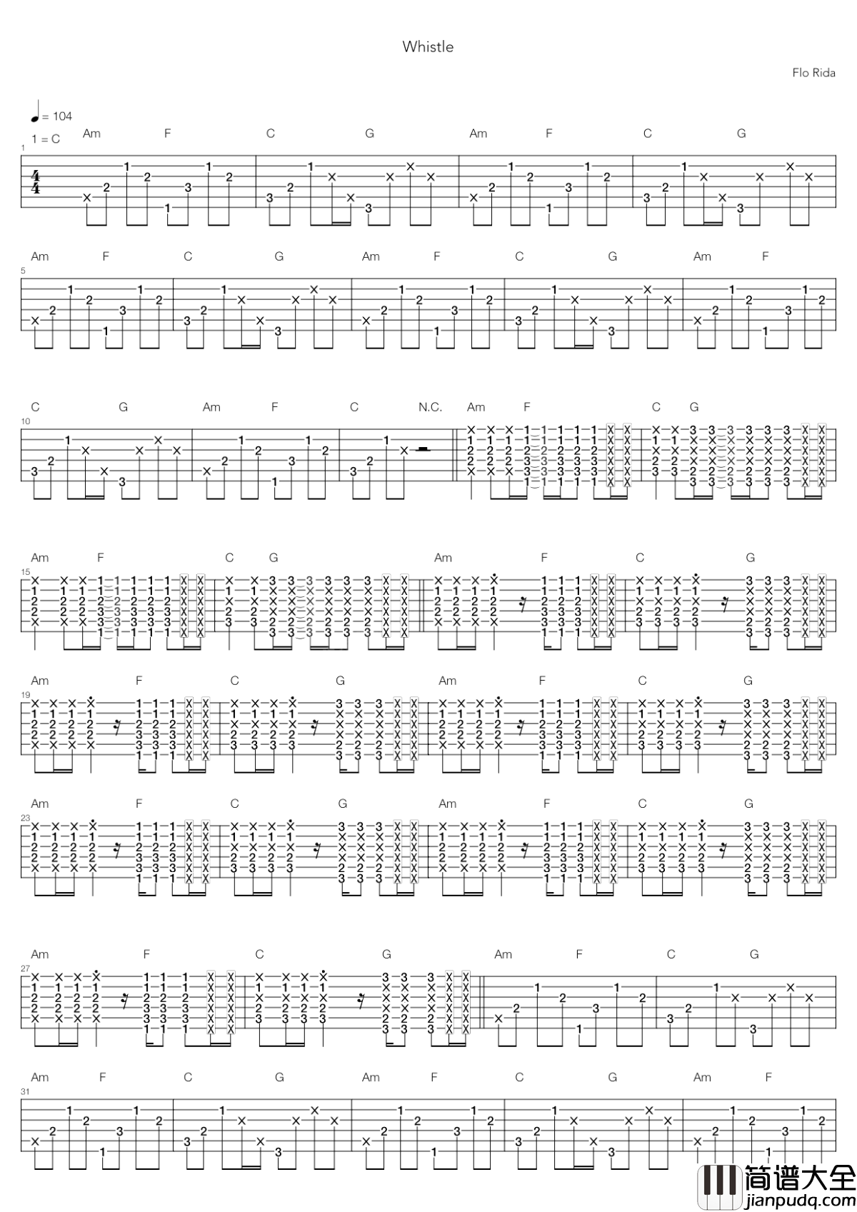 whistle吉他谱_Flo_Rida_愉快轻松的节奏,清凉的沙滩